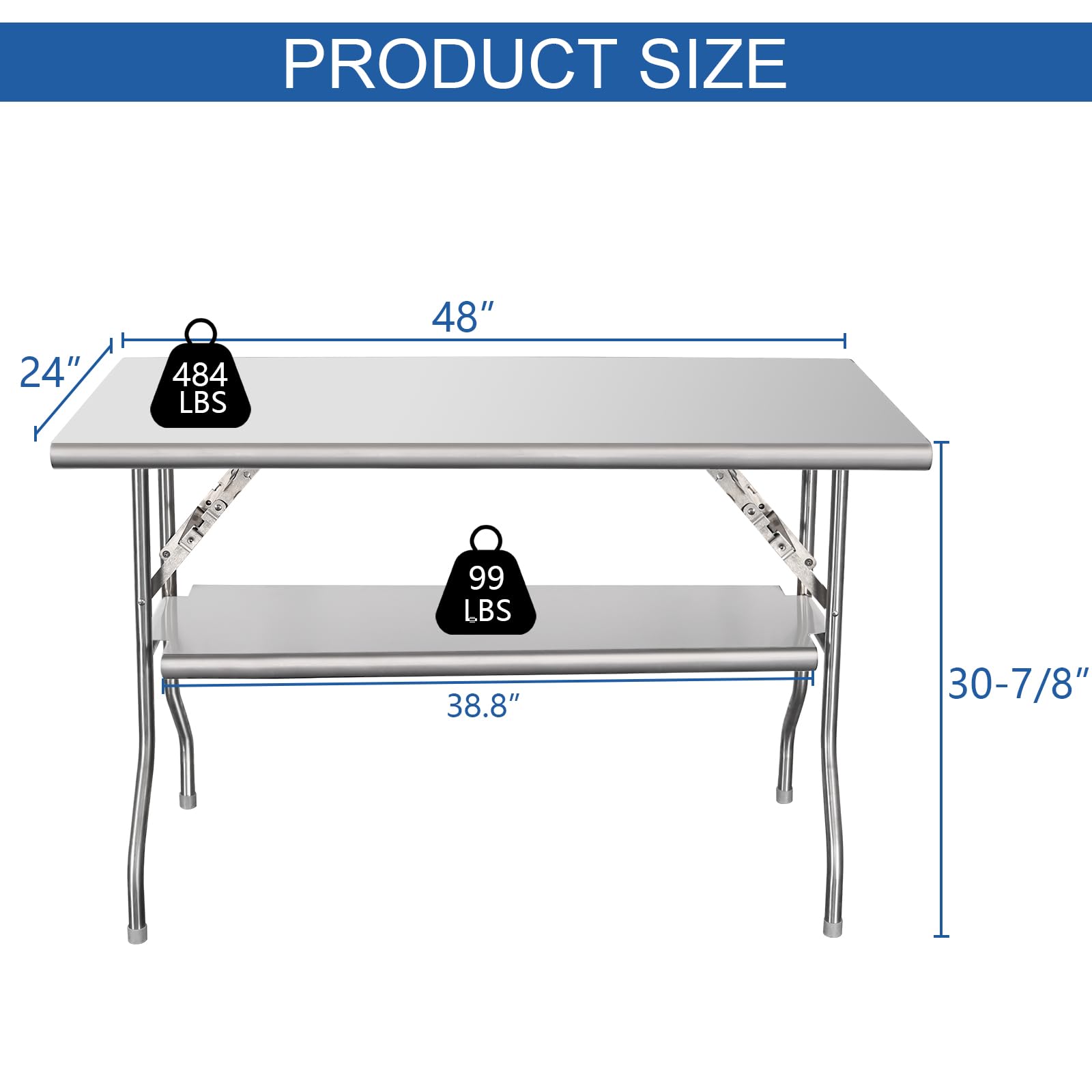 Premium NSF Certified 24x48 Inch Stainless Steel Folding Table with Adjustable Undershelf & Galvanized Legs - Commercial Grade Portable Prep Table for Restaurant Kitchen, Home, Hotel, Catering & Outdoor Events