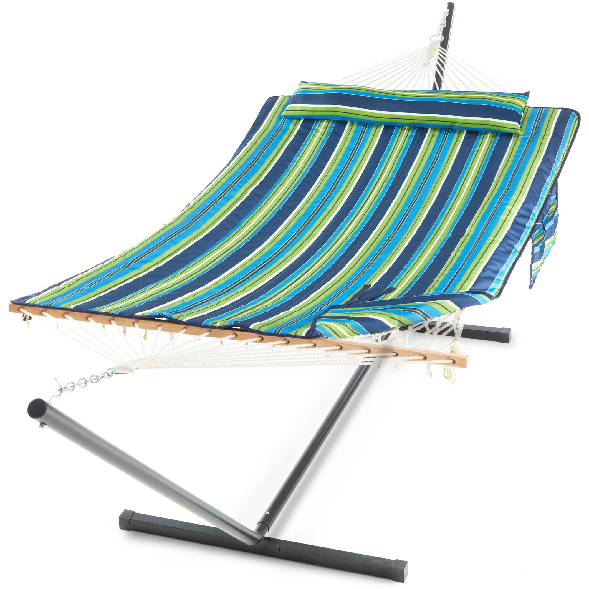 Premium Double Hammock with Stand - 12ft Heavy Duty Outdoor Hammock for 2 Persons, 475 lbs Capacity - Includes Polyester Pad, Pillow & Storage Sidebag - Perfect for Backyard, Garden, Patio & Camping Relaxation