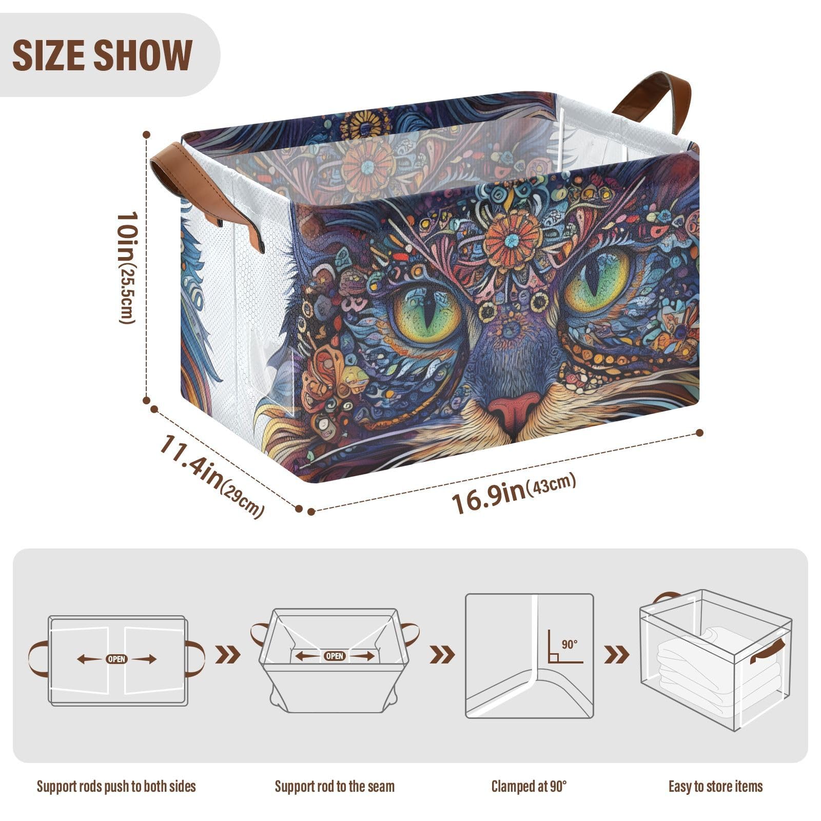 2-Pack Foldable Storage Cubes with Tribal Cat Print - 16.9×11.4×7.7 Inch Water Resistant Fabric Storage Bins with Steel Frame for Closet, Shelf & Home Organization - Perfect for Bedroom, Nursery & Office Storage Solutions
