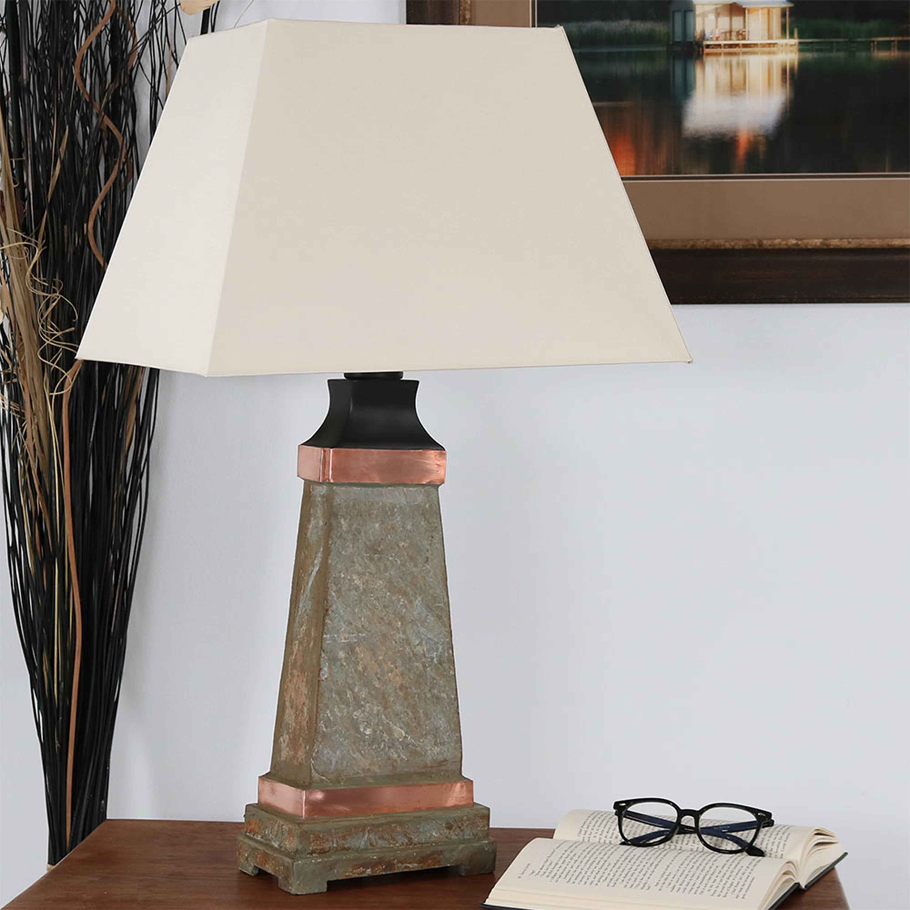 Sunnydaze Copper Trimmed Slate Outdoor Table Lamp - 30 Inch Height - Weather-Resistant Patio Lighting for Garden, Porch & Backyard Decor