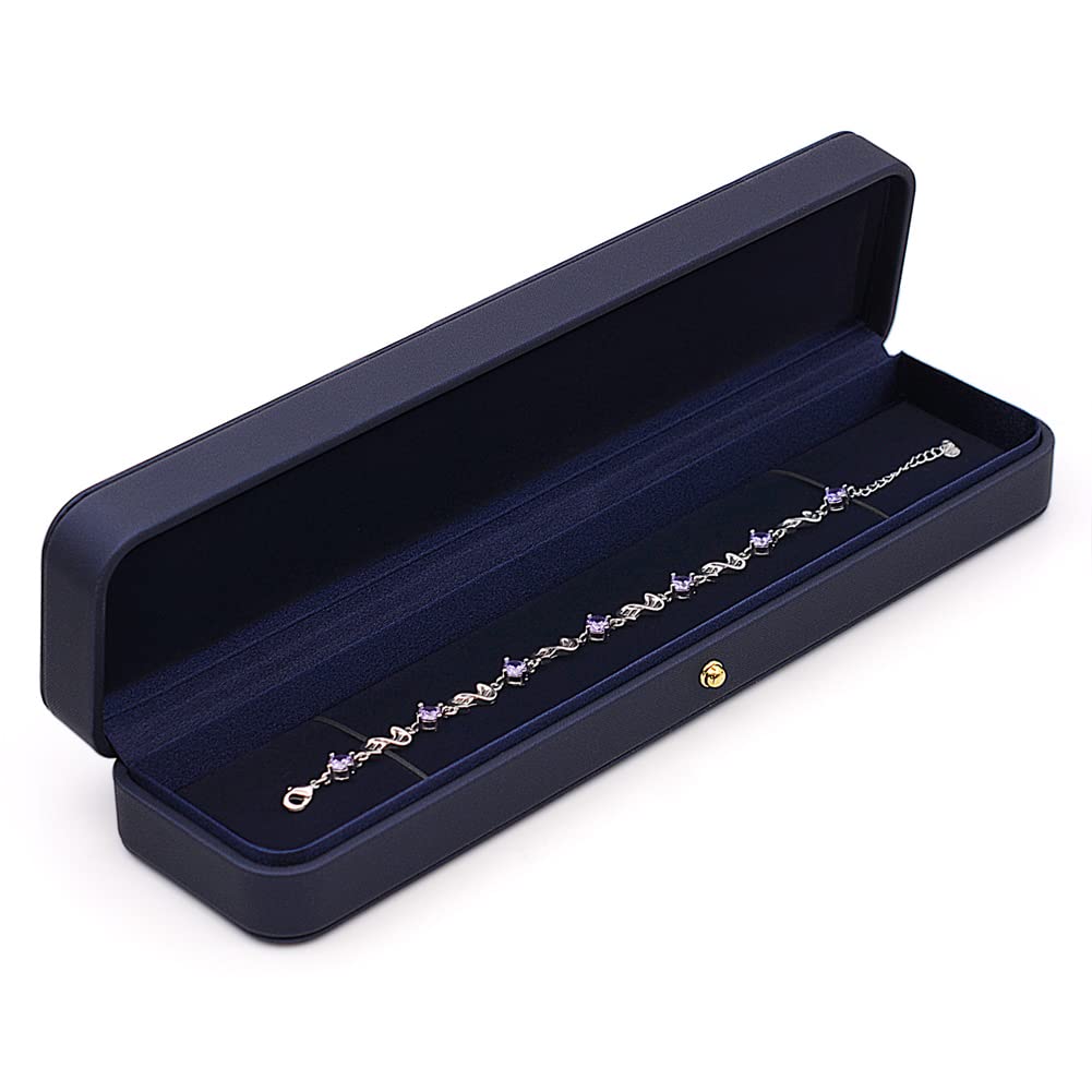 Premium Blue Leather Jewelry Box with Velvet Interior - Long Chain Bracelet, Necklace & Watch Storage Case - Elegant Gift for Wedding, Engagement, Proposal, Birthday & Anniversary - Perfect for Jewelry Display, Organization & Gift-Giving