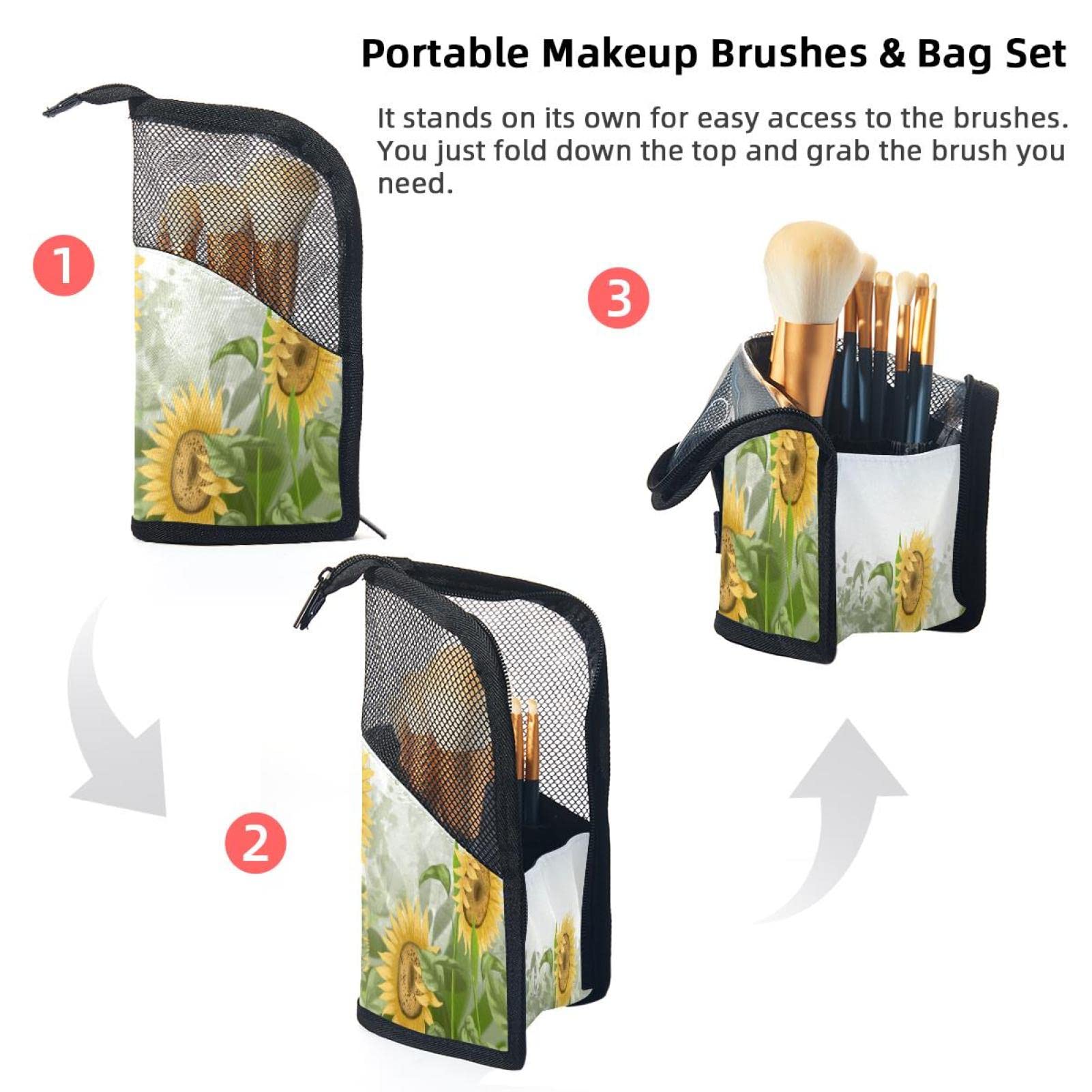 Premium Makeup Brush Organizer Bag with 12 Brushes - Sunflower Field Design, Portable Cosmetic Brush Holder Case for Travel & Home Storage
