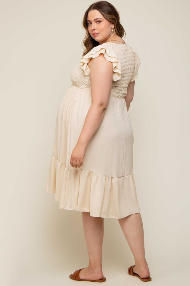 Beige Smocked Maternity Dress with Ruffle Flutter Sleeves & Layered Skirt - Plus Size Midi Dress for Pregnancy, Baby Shower & Special Occasions
