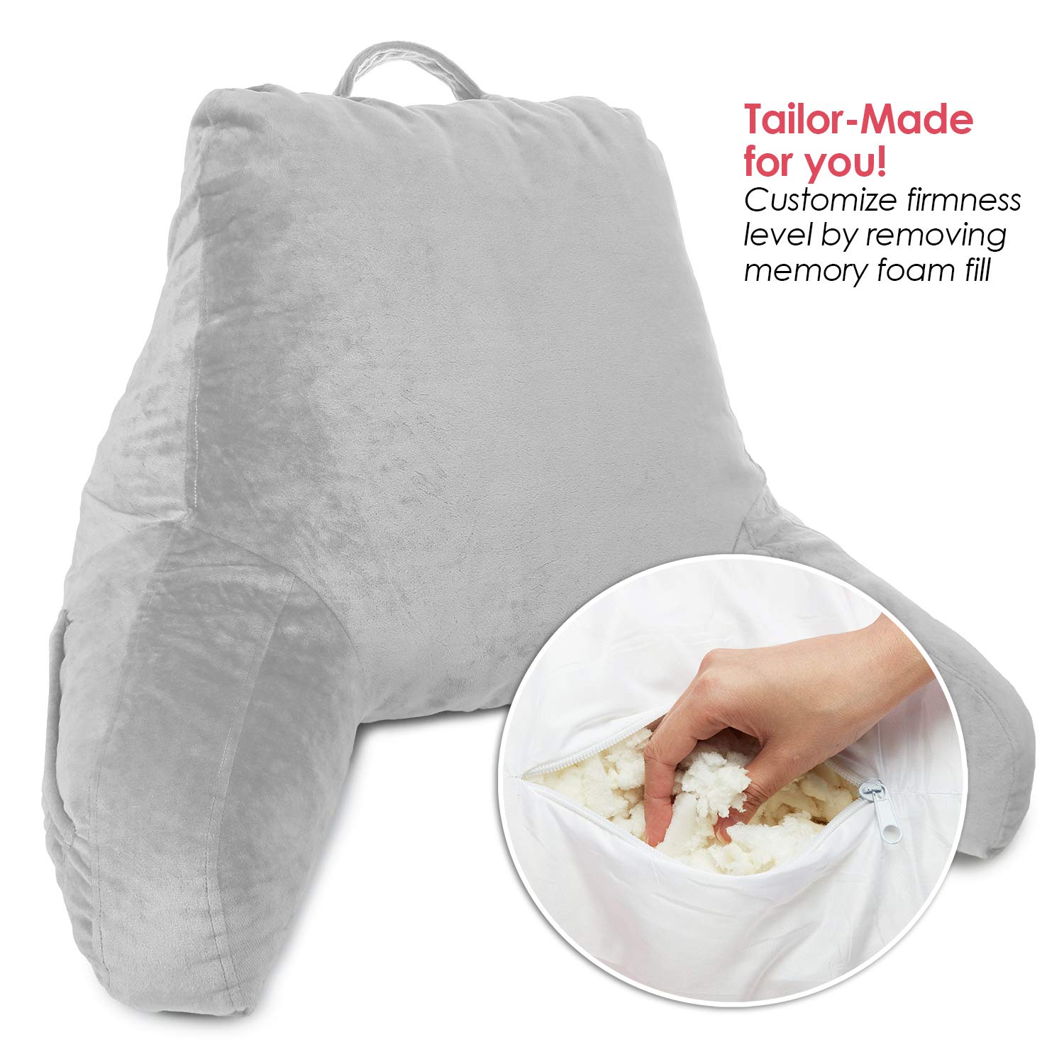 **Clara Clark Kids Reading Pillow - Memory Foam Back Support Pillow for Sitting Up in Bed, Light Grey Gaming Pillow with Arms & Pockets - Perfect for Reading, Gaming & Relaxing in Bed**