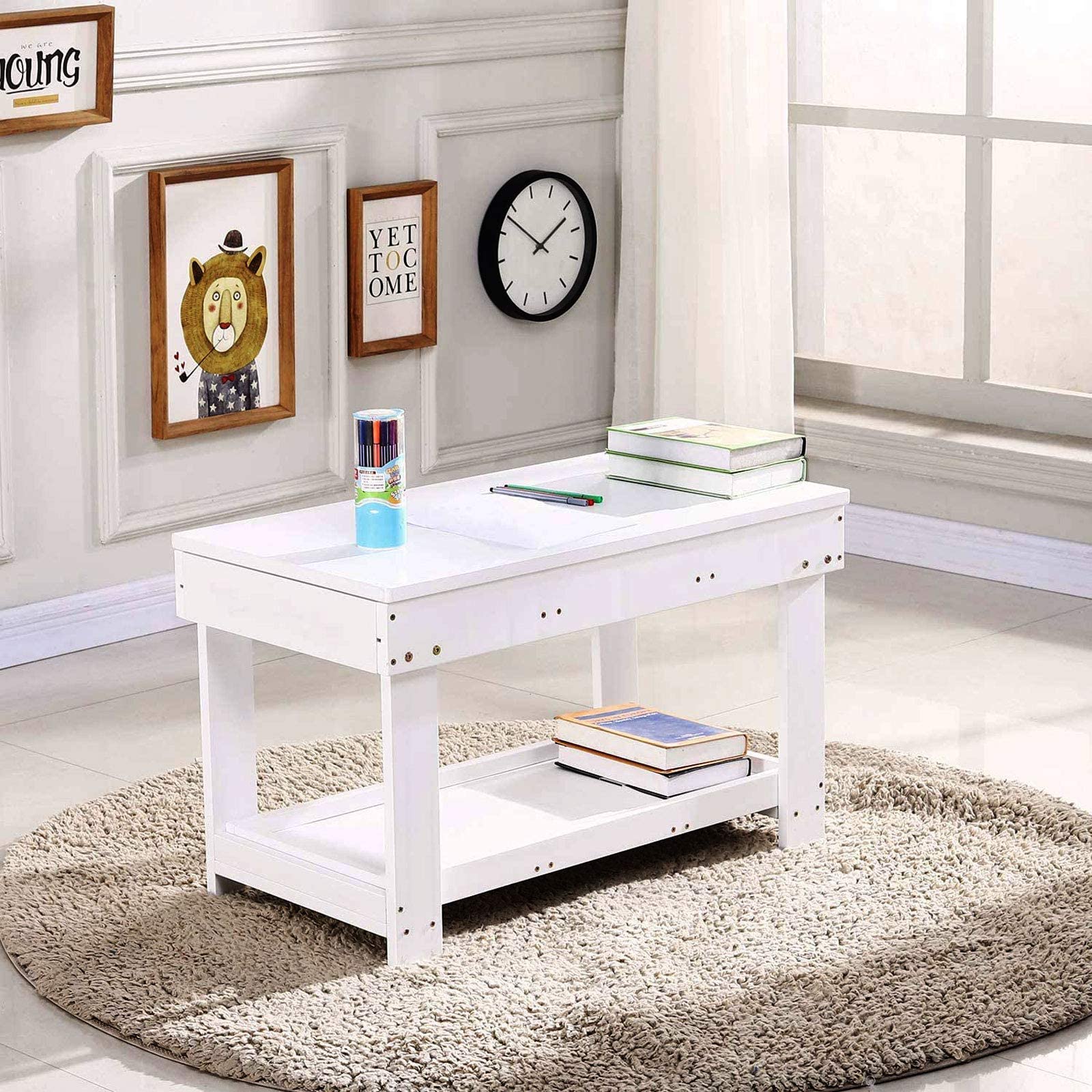 YouHi Kids Activity Table with Board & Storage - White Double Table for Bricks, Building Blocks & Creative Play | Perfect for Playrooms, Daycares & Homeschool Learning