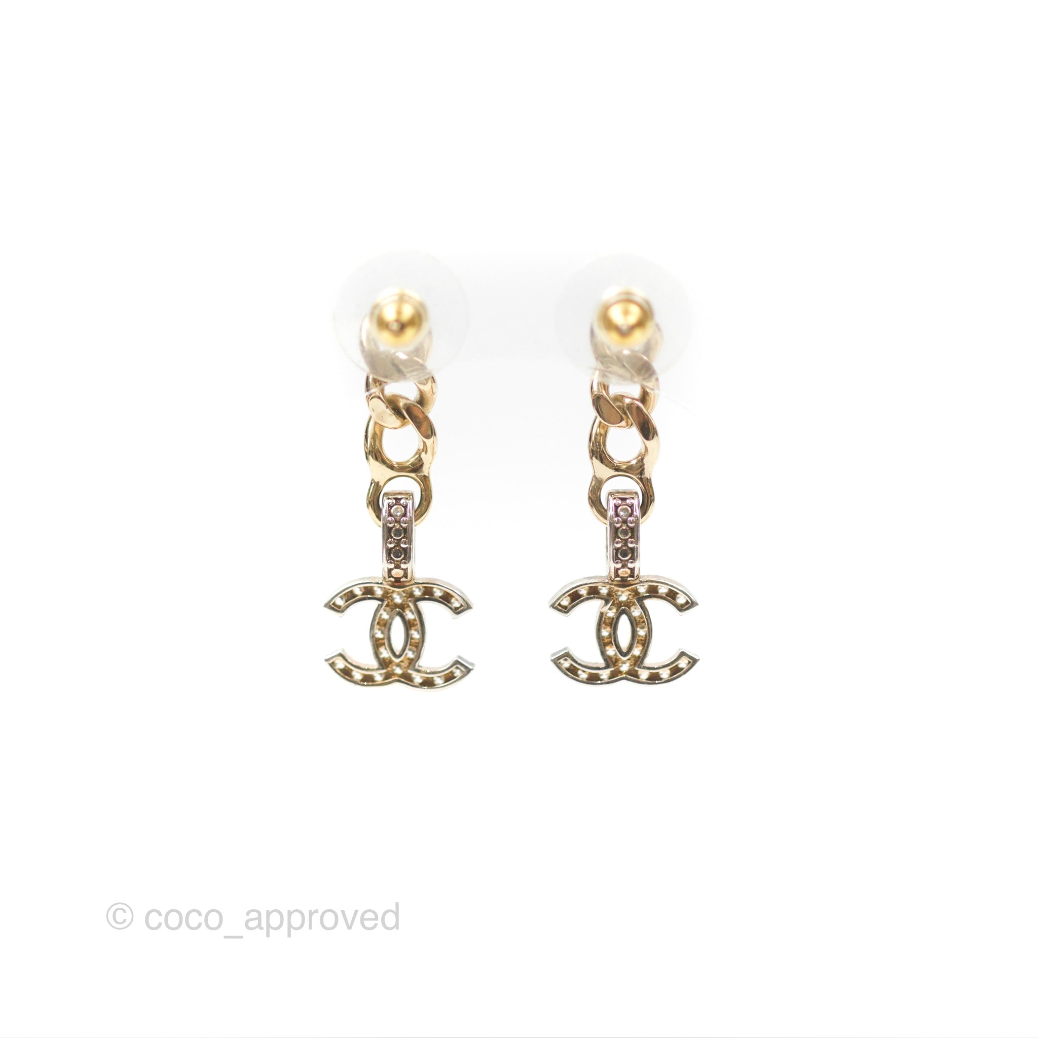 Chanel Chain CC Crystal Drop Earrings - Gold & Silver Tone 22S Collection | Luxury Fashion Jewelry for Women | Perfect for Parties, Weddings & Special Occasions