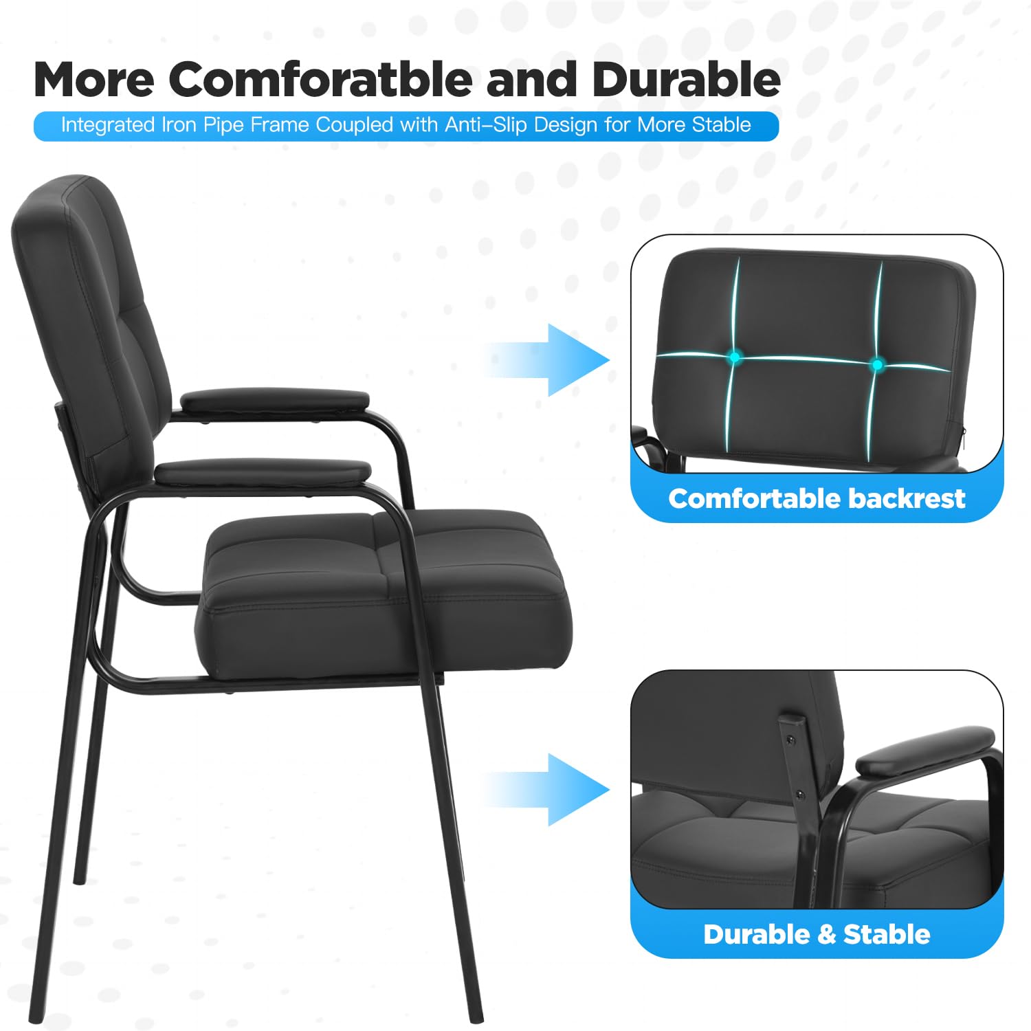 FDW Office Guest Chair - PU Leather Reception Waiting Room Chair with Padded Armrests, No Wheels, Black - Perfect for Home Office, Meeting Rooms, and Lobby Seating