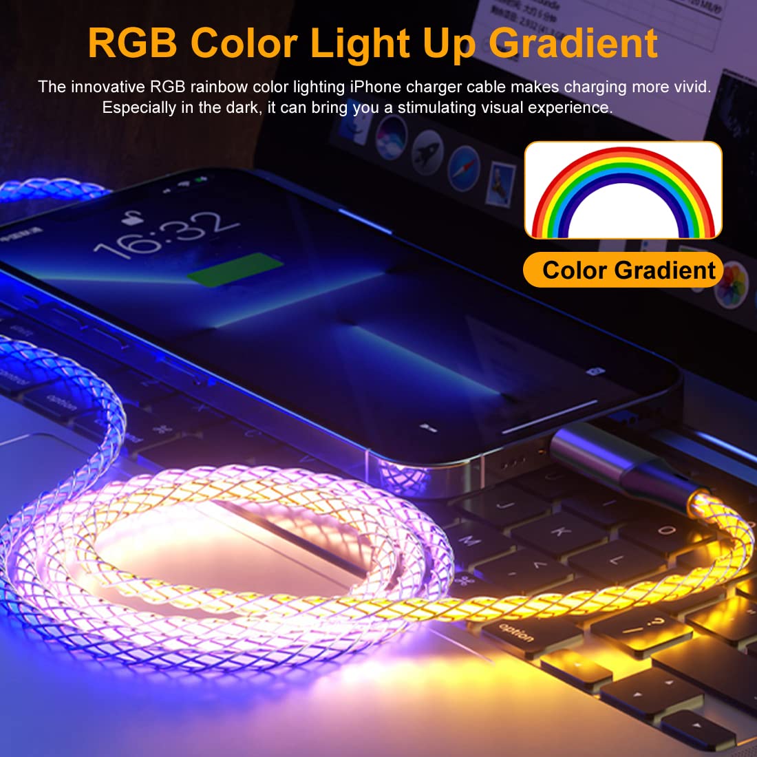 MFi Certified iPhone Fast Charger - 3.3ft USB C to Lightning Cable with RGB Gradient Light & Braided Design | Compatible with iPhone 14/13/12/11 Pro Max/X/8/7 Plus | Perfect for Night Charging, Gaming & Travel Accessories