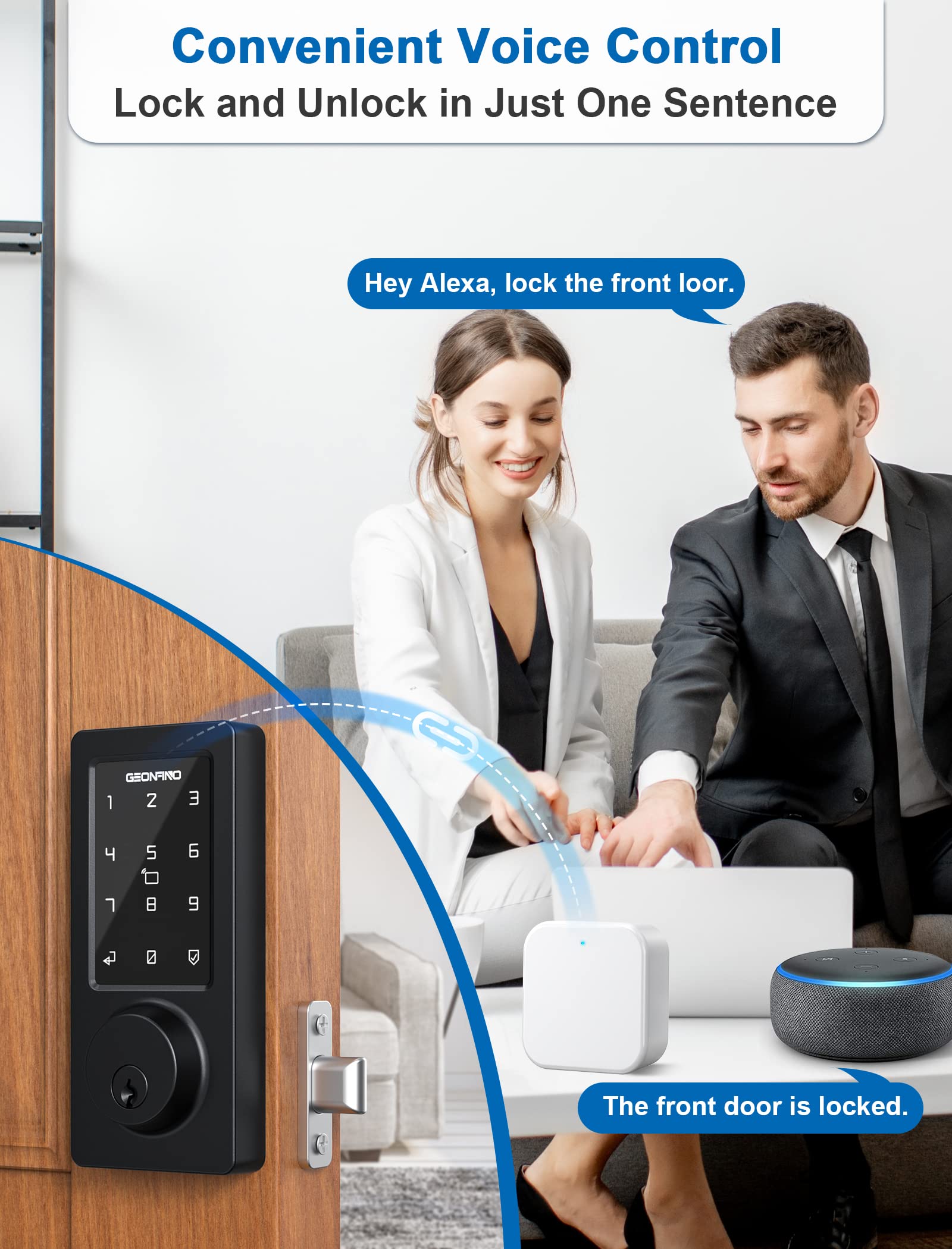 GEONFINO Smart Lock with WiFi & Bluetooth - Keyless Entry, Touchscreen Keypad, Auto Lock & Alexa Voice Control - Secure Your Home (Black) - Perfect for Smart Homes, Vacation Rentals & Airbnb Properties