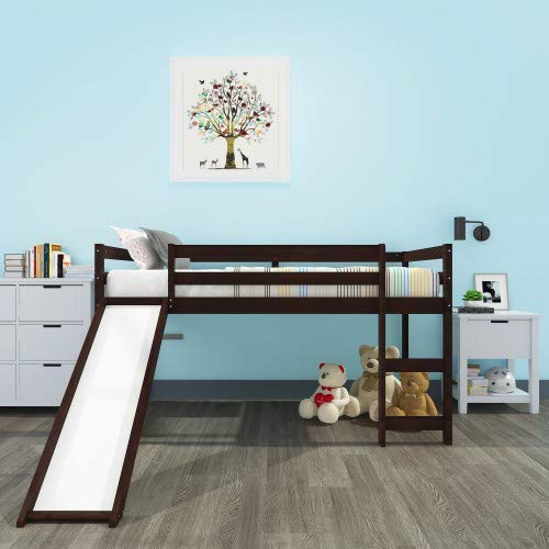 Kids Wooden Loft Bed with Slide & Ladder - Twin Size Low Profile Mini Loft Bed for Small Spaces, No Box Spring Required (Espresso) - Perfect for Kids' Bedrooms, Playrooms & Small Apartments