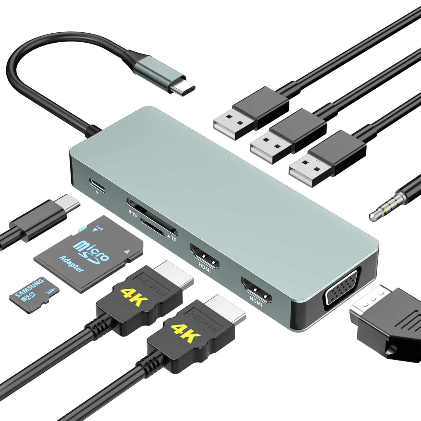 10-in-1 USB C Hub Multiport Adapter with 2 HDMI, VGA, 100W PD, 3 USB 3.0 Ports, SD/TF Card Reader - Triple Display Laptop Docking Station for MacBook Air/Pro, Dell, HP, XPS - Perfect for Home Office, Gaming & Multi-Screen Productivity