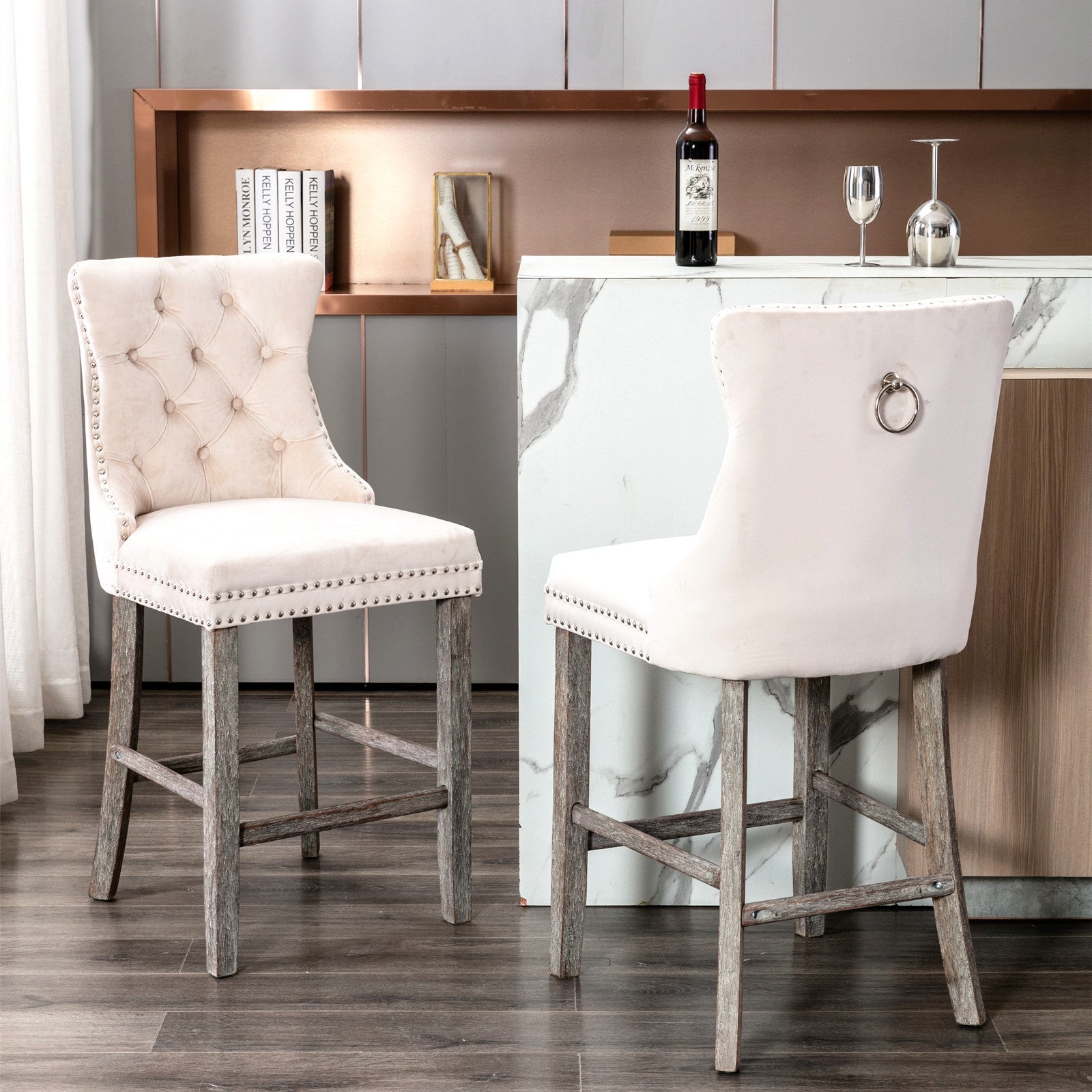 Velvet Bar Stools with Studs Trim & Wooden Legs - Set of 2 Tufted Dining Chairs for Kitchen Counter, Breakfast Nook & Home Bar Decor
