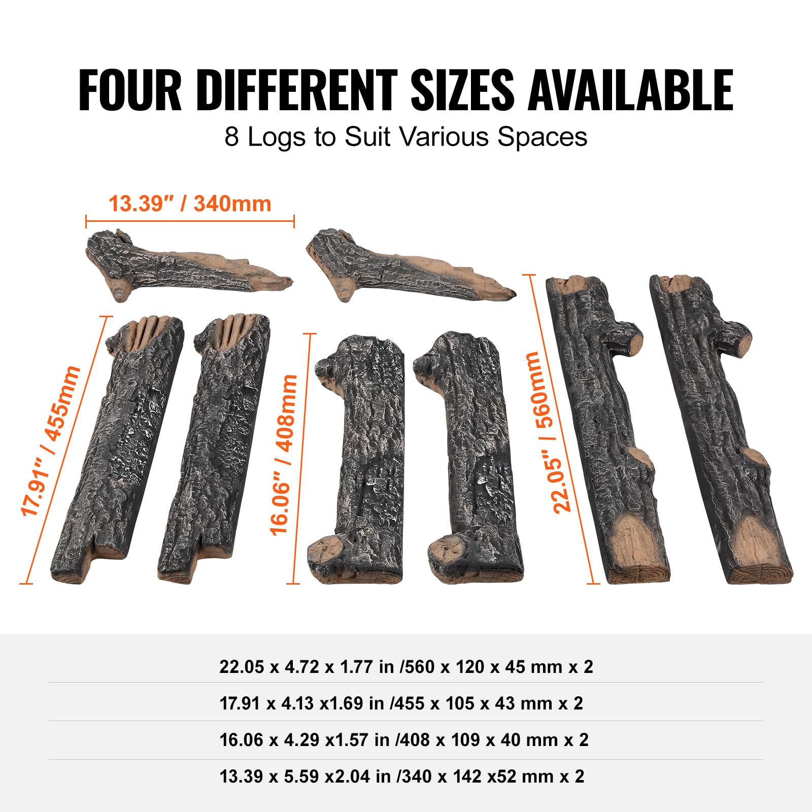 VEVOR 8-Piece Realistic Oak Gas Fireplace Logs Set - Heat-Resistant Ceramic Wood Logs for Indoor & Outdoor Fire Pits, Fire Bowls, and Fireplaces - Stackable Natural-Looking Wooden Branches for Cozy Ambiance