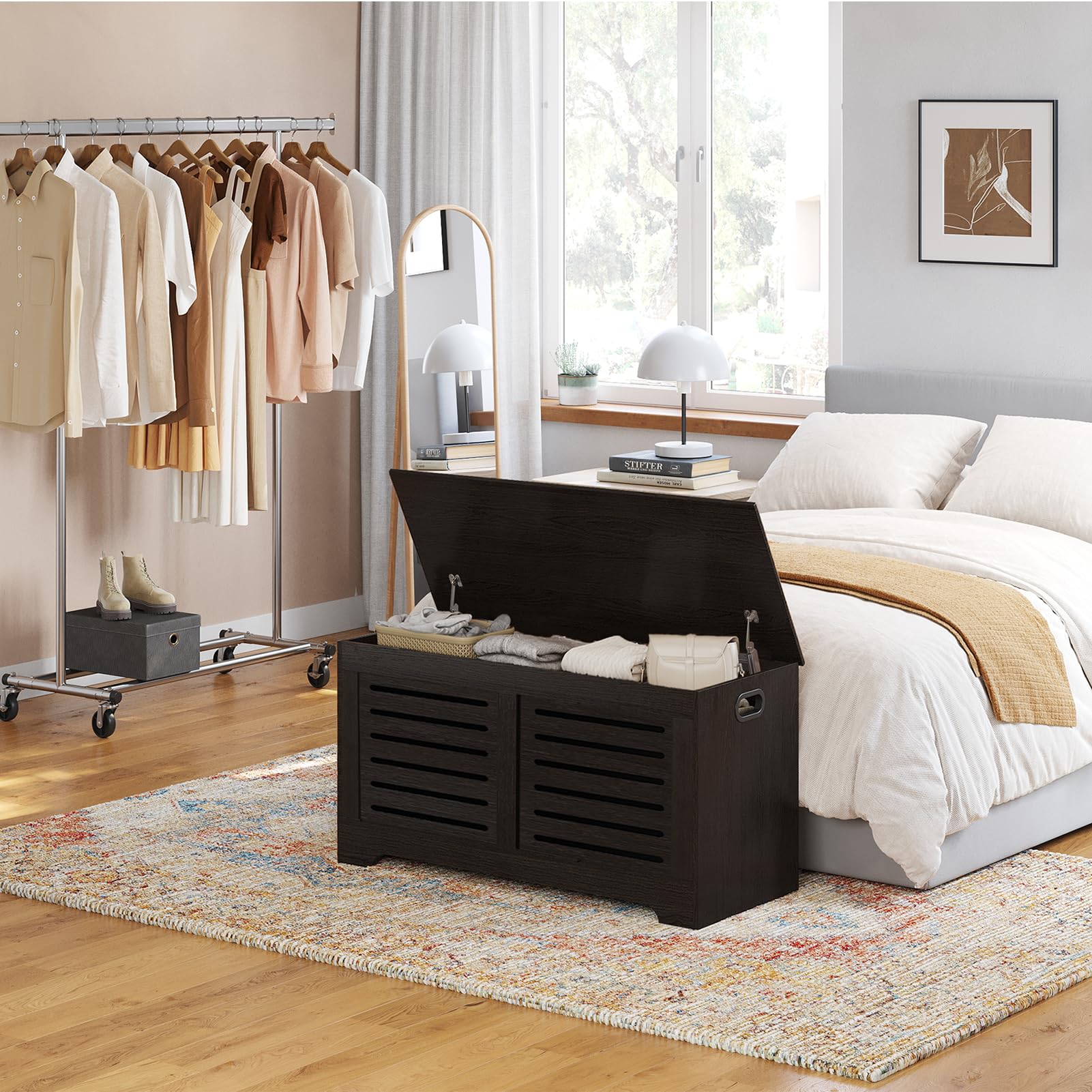 DINZI LVJ Flip-Top Wooden Storage Chest - Retro Entryway Shoe Bench with 2 Safety Hinges | Large Sturdy Toy Box & Storage Trunk for Living Room, Bedroom, Nursery | Easy Assembly Espresso Finish | Perfect for Kids' Room Organization & Entryway Seating