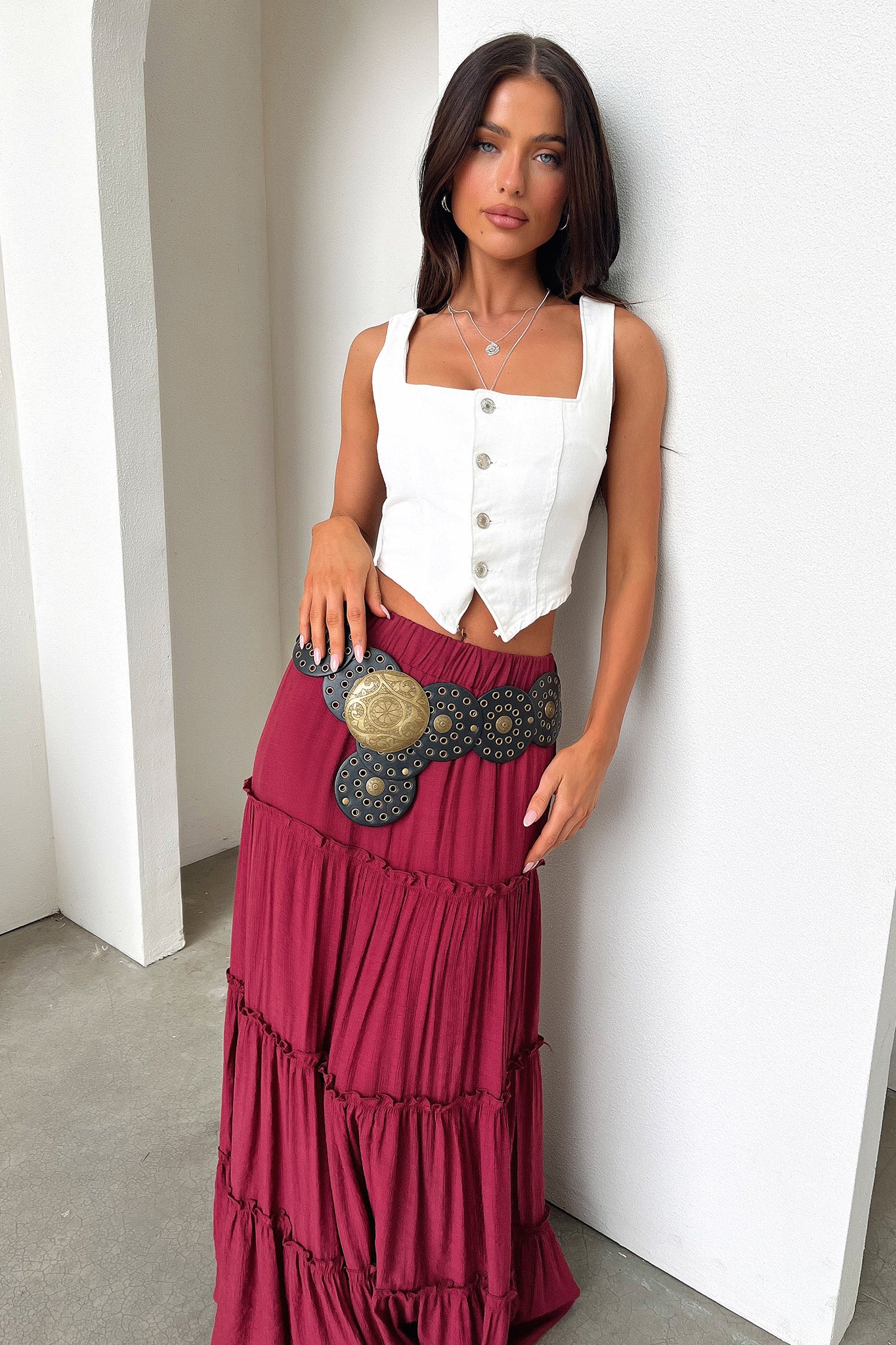 Dunne Maxi Skirt for Women - Burgundy Red Long Flowy Skirt with Elastic Waistband | Perfect for Casual Wear, Beach Vacations & Boho Outfits
