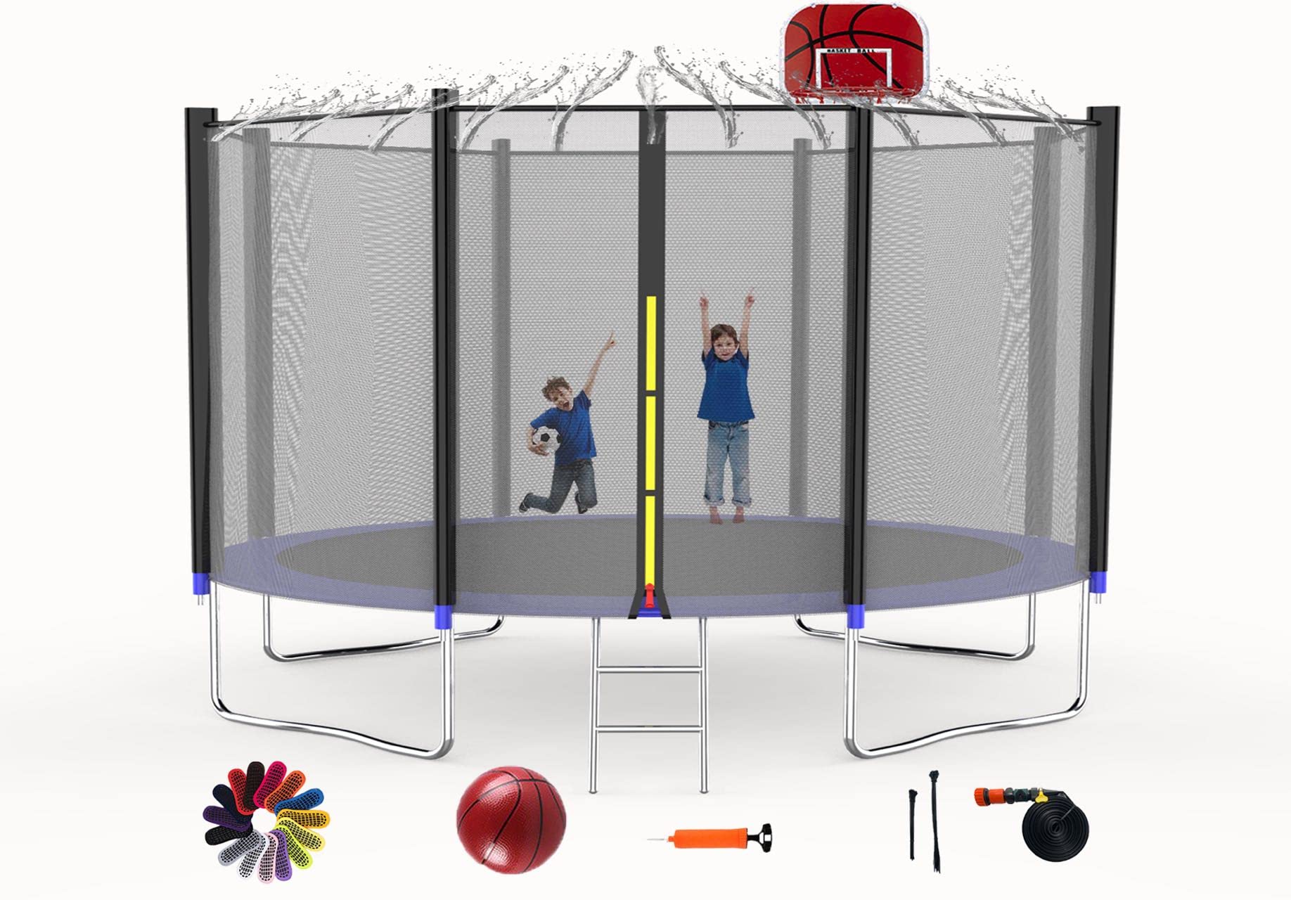 Tigerboss 12FT Outdoor Trampoline with Safety Enclosure Net, Ladder, Spring Cover Padding, Basketball Hoop, Trampoline Socks & Sprinkler - Perfect for Backyard Fun, Kids Play, Exercise & Family Outdoor Activities