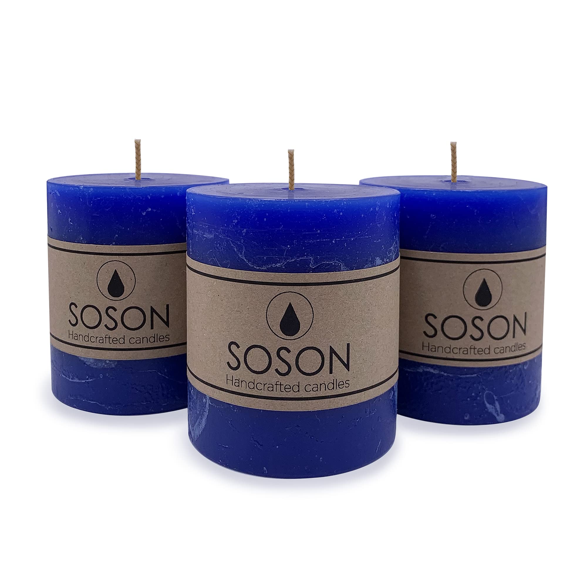 Simply Soson Rustic 3x3 Classic Blue Pillar Candles Set of 3 - Unscented Decorative Candles for Home Decor, Weddings, Fall & Holiday Centerpieces - Bulk Pillar Candles for Candle Holders, Tablescapes & DIY Crafts