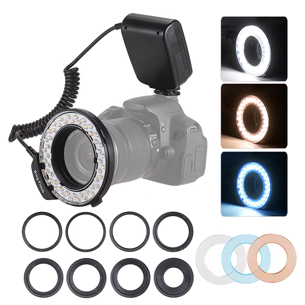 HUIOP HD-130 Macro LED Ring Flash Light with LCD Display | 3000-15000K Color Temperature | GN15 Power Control | Includes 3 Flash Diffusers & 8 Adapter Rings | Perfect for DSLR Camera Macro Photography, Product Shooting & Close-Up Portraits