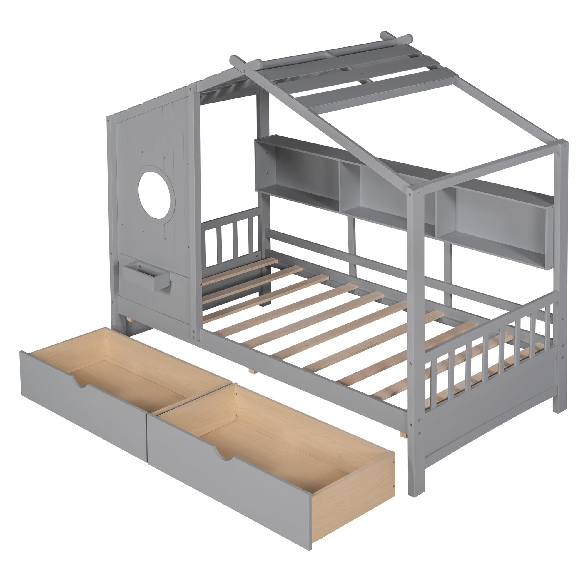 Wooden Twin Size House Bed with 2 Drawers - Kids Storage Bed with Shelf for Boys, Girls & Teens - Space-Saving Bedroom Furniture (Twin, Gray) - Perfect for Small Rooms, Playrooms & Sleepovers