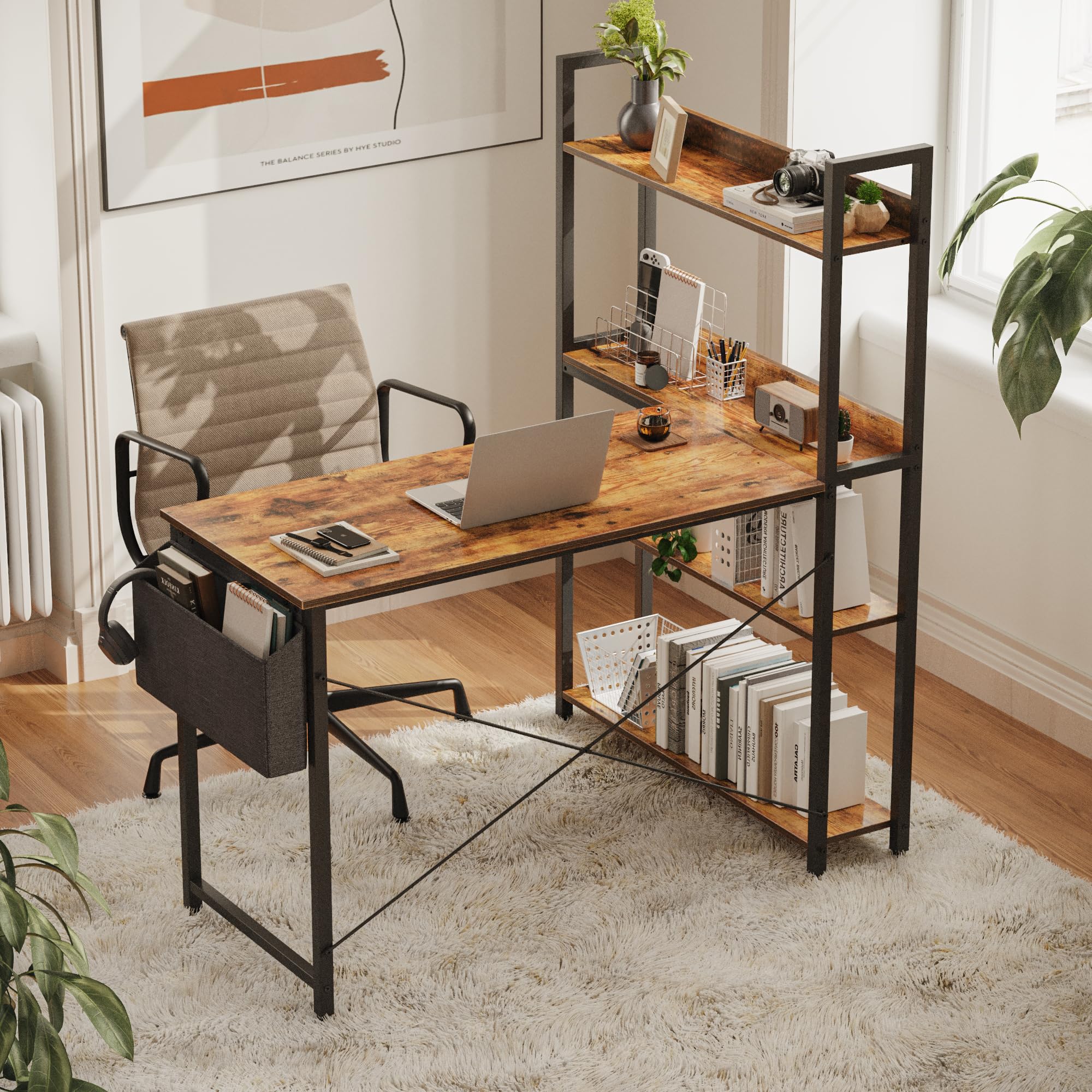 **Treesland 47 Inch L-Shaped Computer Desk with Bookshelf & Storage - Home Office Corner Desk for Study, Writing & Work - Perfect for Bedroom, Office & Small Spaces (Brown)**