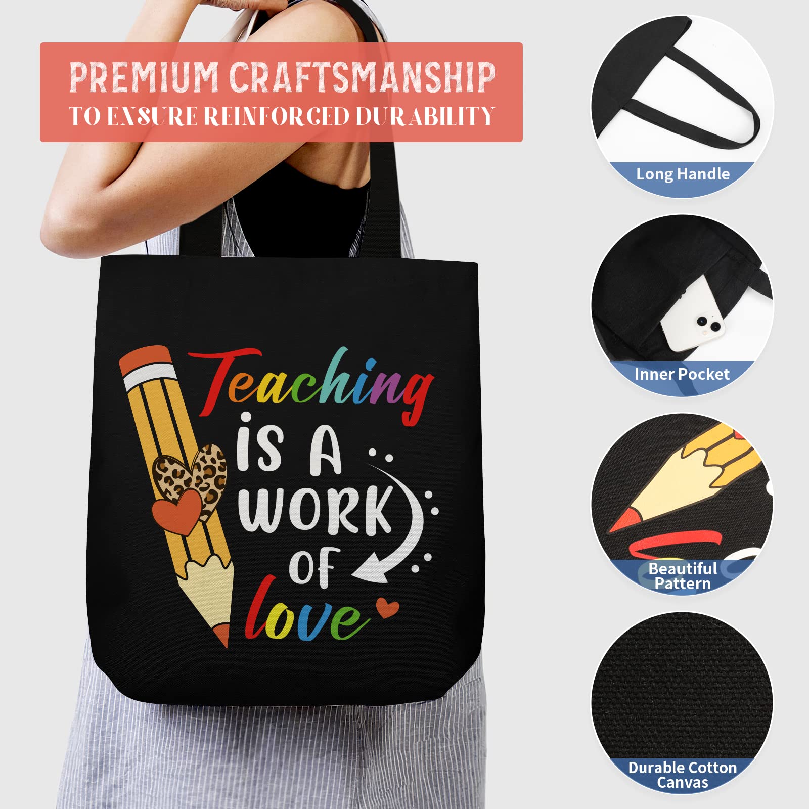 Canvas Tote Bag for Teachers - Cute Appreciation Gift with Pockets | School & Work Essentials