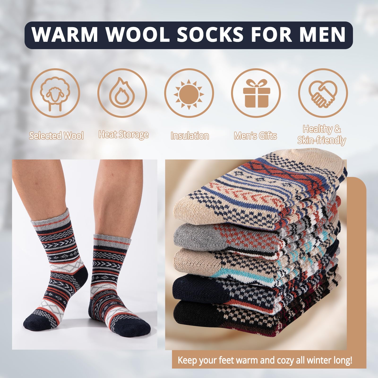 COOVAN Men's Wool Socks 5-Pack - Warm Thick Winter Thermal Crew Socks for Hiking, Outdoor & Casual Wear - Soft Knit Merino Wool Blend Socks for Cold Weather Comfort
