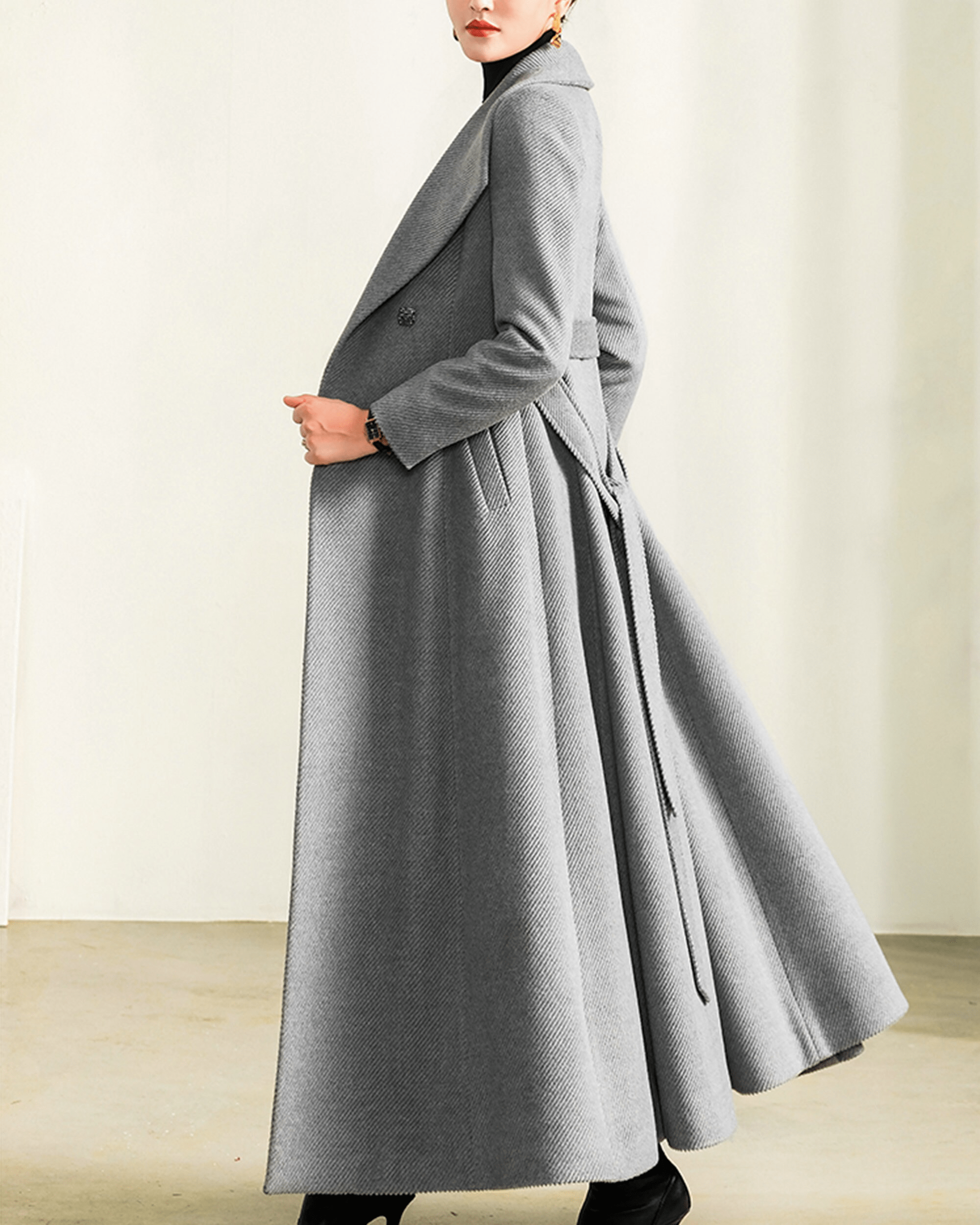 Elegant Grey Double Breasted Women's Tweed Long Coat with Lapel - Stylish Casual Outerwear for Work, Dating & Fall Fashion