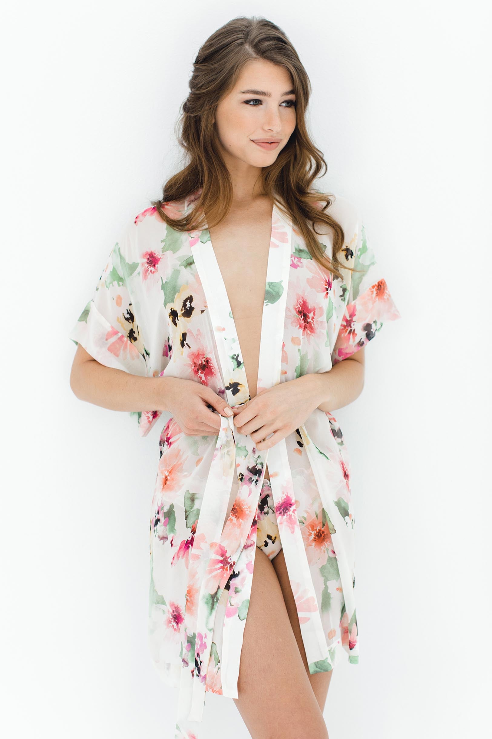 Watercolor Dreams Floral Print Silk Chiffon Kimono Robe - Lightweight Summer Cover Up for Women, Beach Wedding Bridesmaid Gift, Boho Loungewear