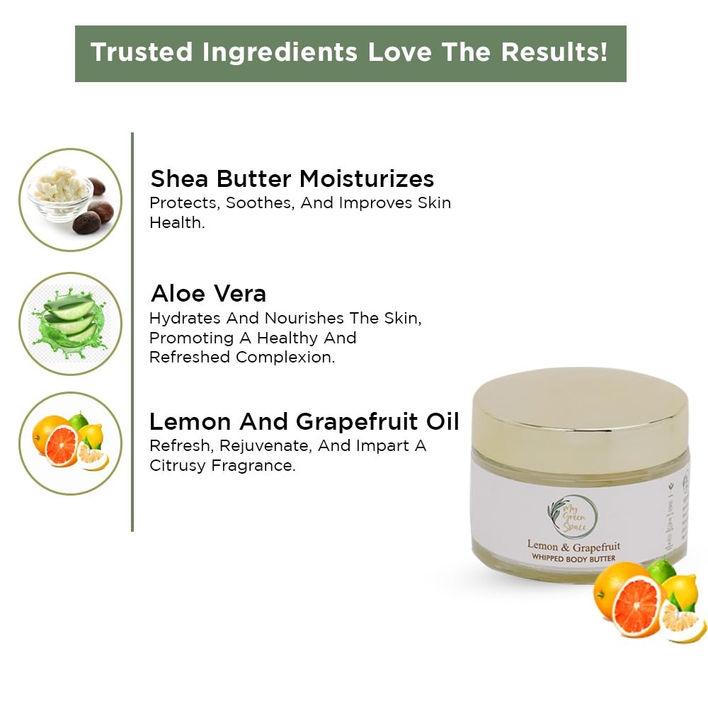 My Green Space Lemon Grapefruit Body Butter 50g - Deep Moisturizing & Skin Brightening Cream for Dry Skin Care - Softens & Smooths Skin for Men & Women - Perfect for Daily Hydration & Post-Shave Recovery