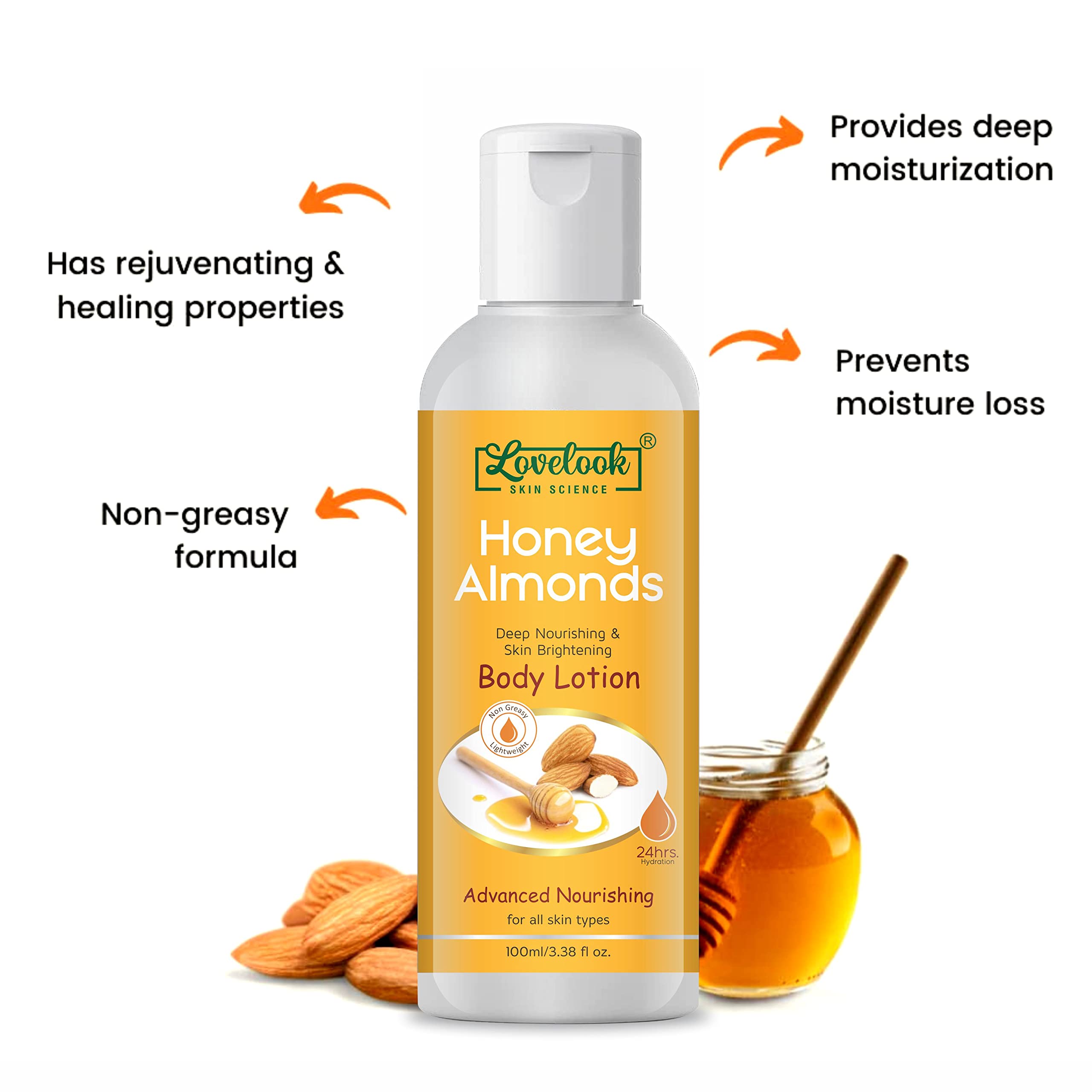 Lovelook Honey & Almonds Advanced Nourishing Body Lotion - 100ml - Deep Hydration for Dry Skin - Perfect for Daily Moisturizing & After-Shower Care