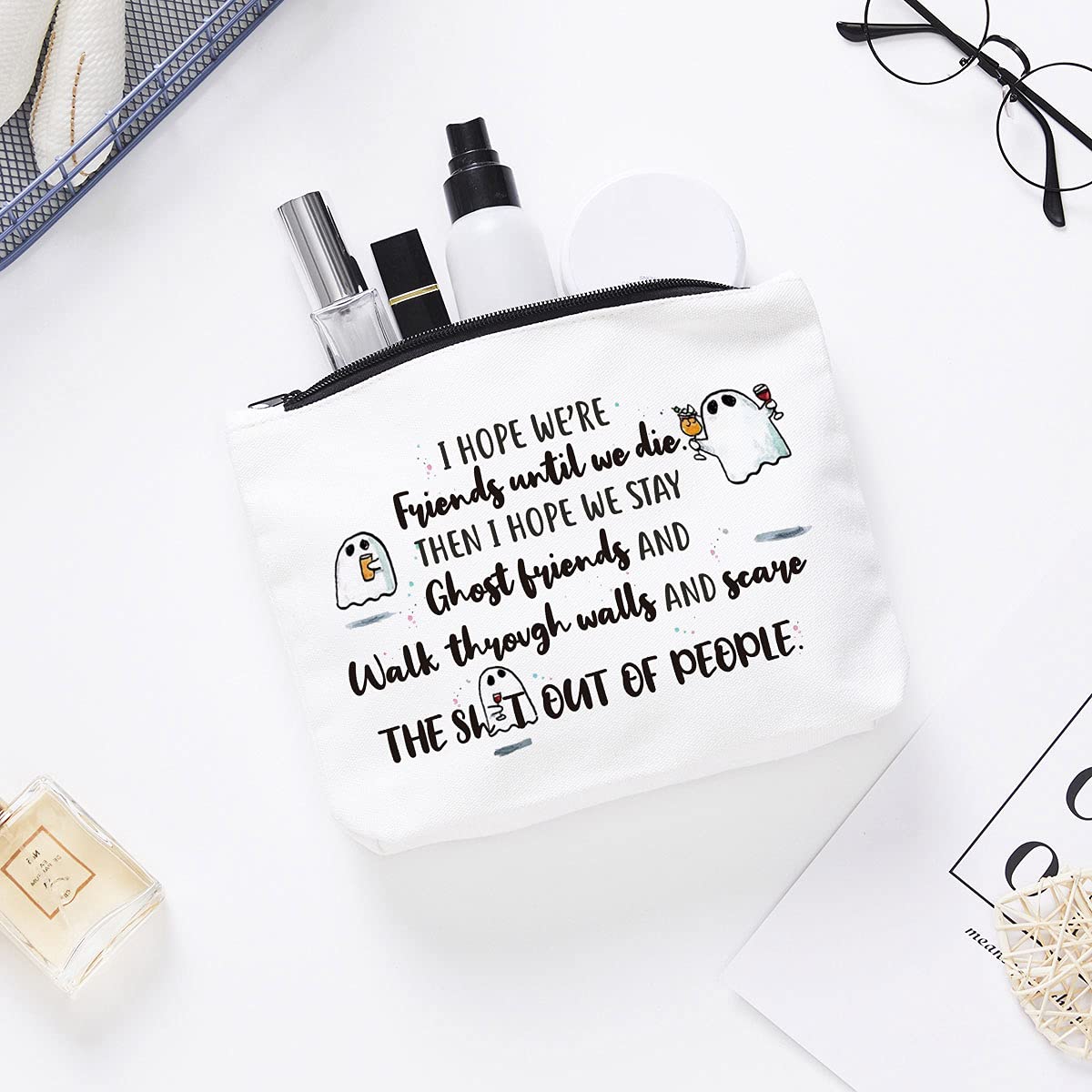 Fokongna Makeup Bag for Women - Inspirational Birthday Gifts for Best Friends, Sisters & Graduation - Personalized Ghost Friends Quote Cosmetic Pouch - Perfect for Travel, Daily Use & Special Occasions