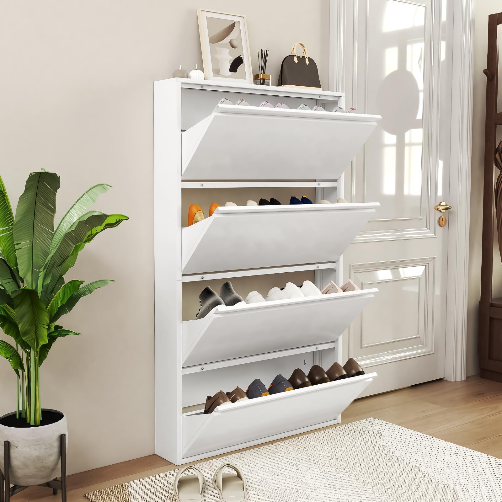 LucyPal 4-Tier Wall Mounted Shoe Storage Cabinet - White Narrow Flip-Drawer Shoe Organizer for Entryway, Hallway & Living Room (56.9