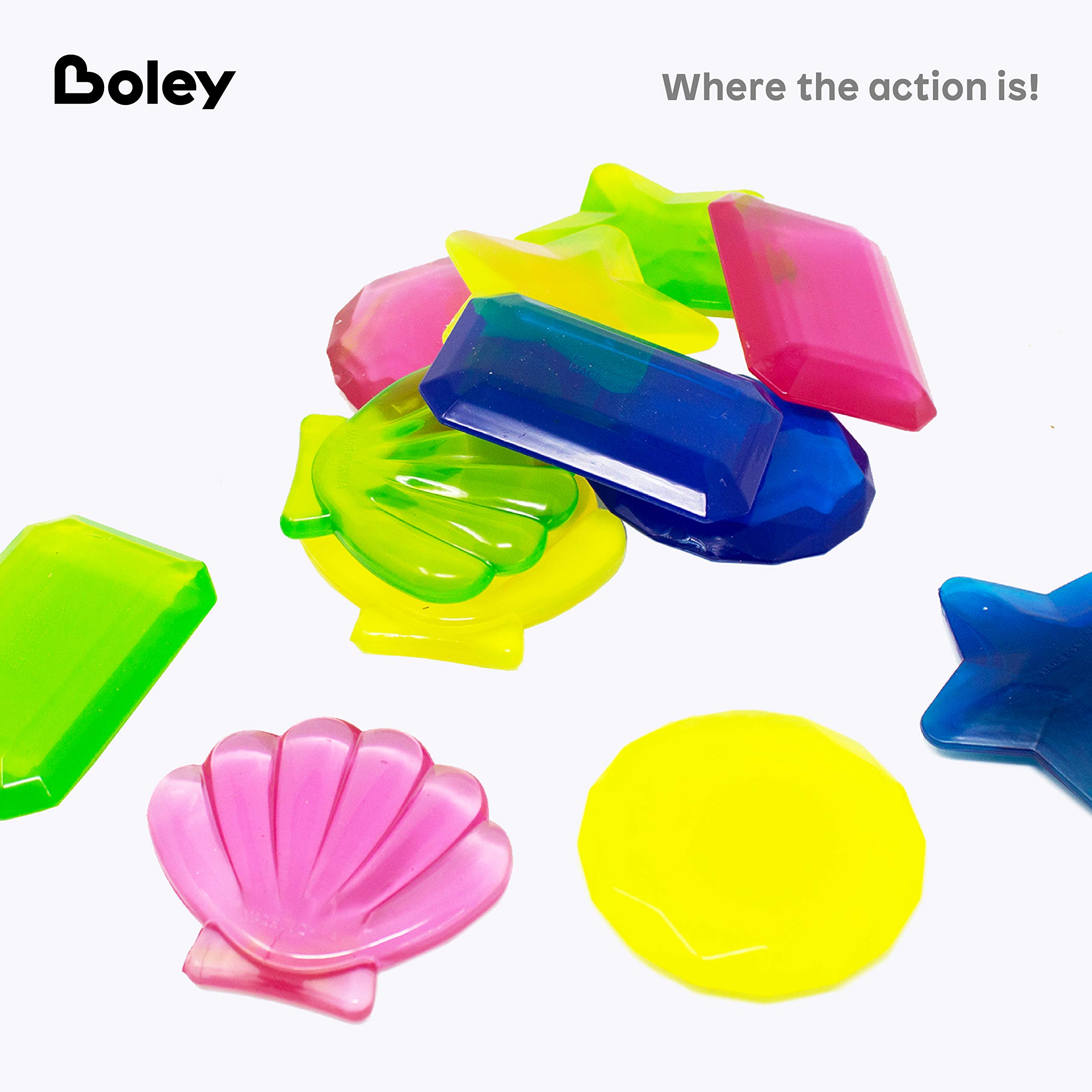 Boley Dive Gems Swim Toys - 12 Pack Sinking Pool Diving Toys for Kids & Toddlers - Bath & Water Game Toys with Sea Shells, Stars, Circles & Rectangles - Perfect for Pool Parties, Swimming Lessons & Summer Fun