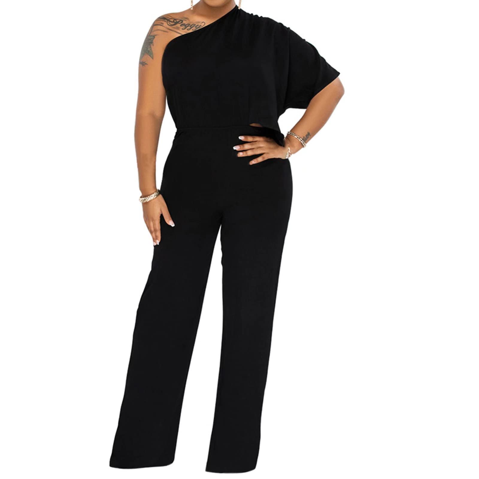 Women's One Shoulder Short Sleeve Wide Leg Jumpsuit - Elegant Romper Playsuit for Summer Outfits, Beach Vacations & Date Nights