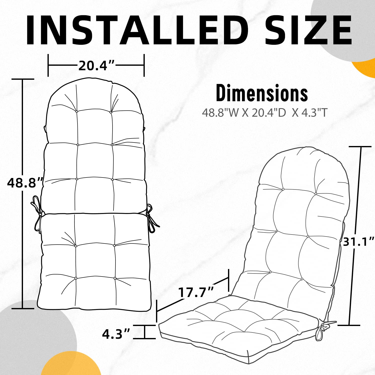 FILUXE Waterproof Adirondack & Rocking Chair Cushion - High Back Patio Cushions with Ties, Fade-Resistant All-Weather Outdoor Pillow for Garden, Deck, Porch, Poolside (Gray, 1 Pack)