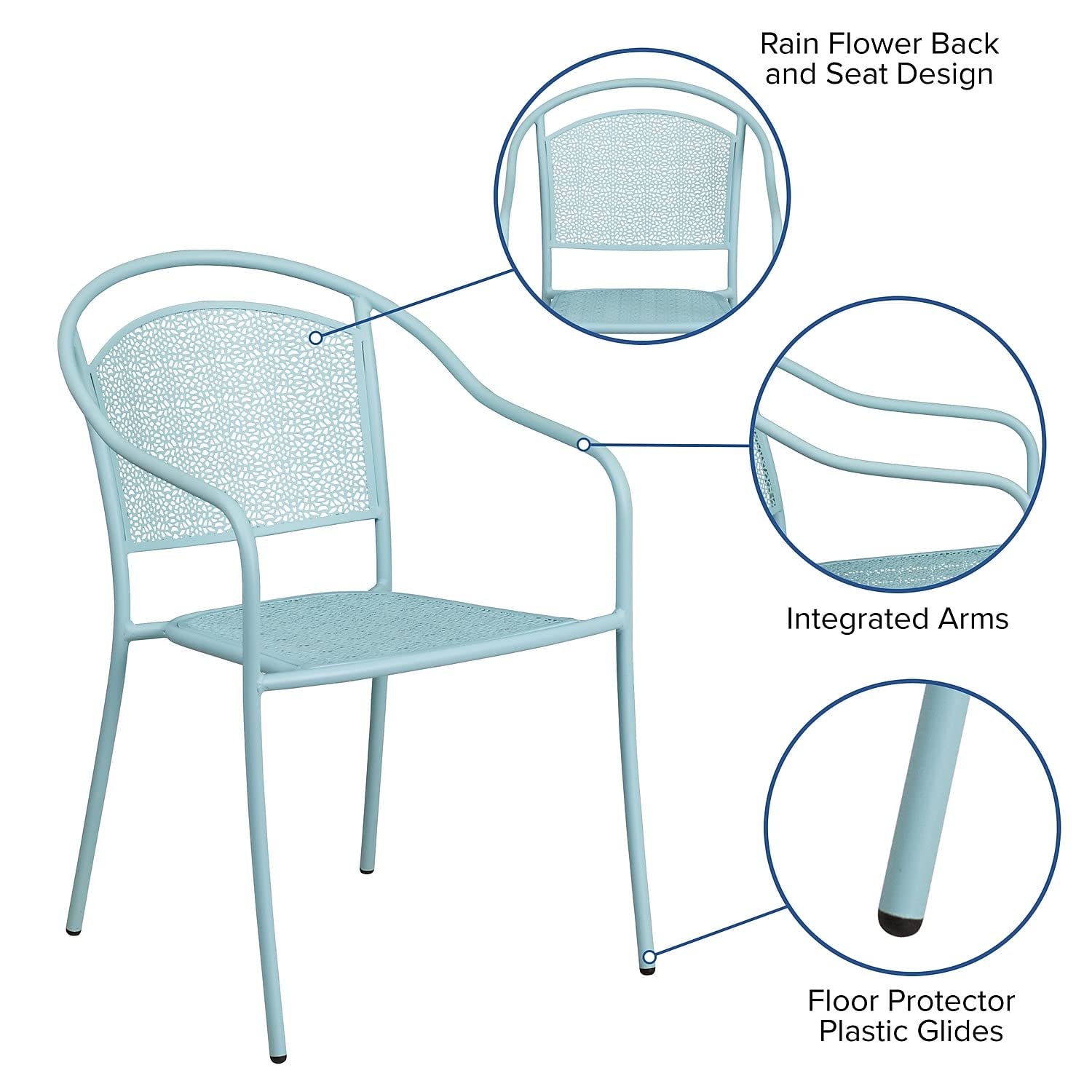 Flash Furniture Oia Commercial Grade 5-Pack Sky Blue Indoor-Outdoor Steel Patio Arm Chairs with Round Back - Durable Stackable Dining Chairs for Restaurant, Cafe, Poolside & Home Use