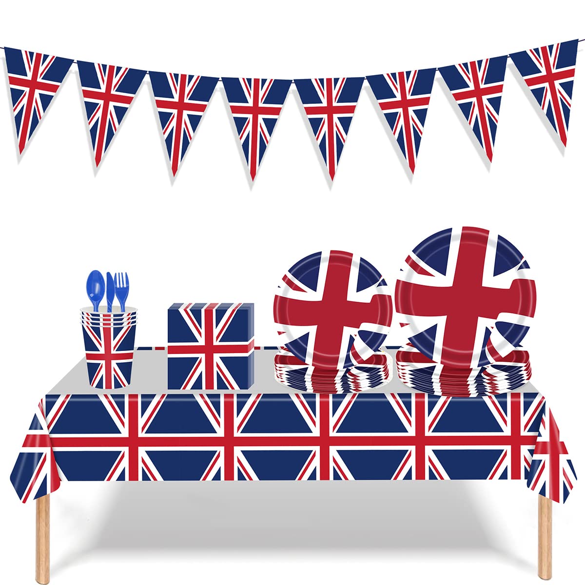 114pcs British Flag Party Supplies Set - Union Jack Themed Dinnerware with Plates, Cups, Cutlery, Tablecloth & Napkins | Food-Grade Paper for Birthday Parties, Picnics & UK Theme Events