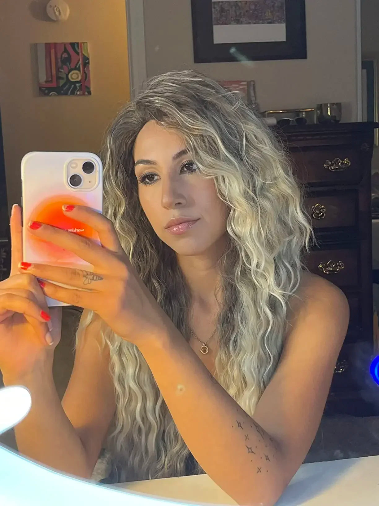 Ash Blonde Synthetic Long Curly Wig for Women - Fluffy Ombre Wave Hairstyle | Perfect for Costume Parties, Carnival, Cosplay & Daily Fashion