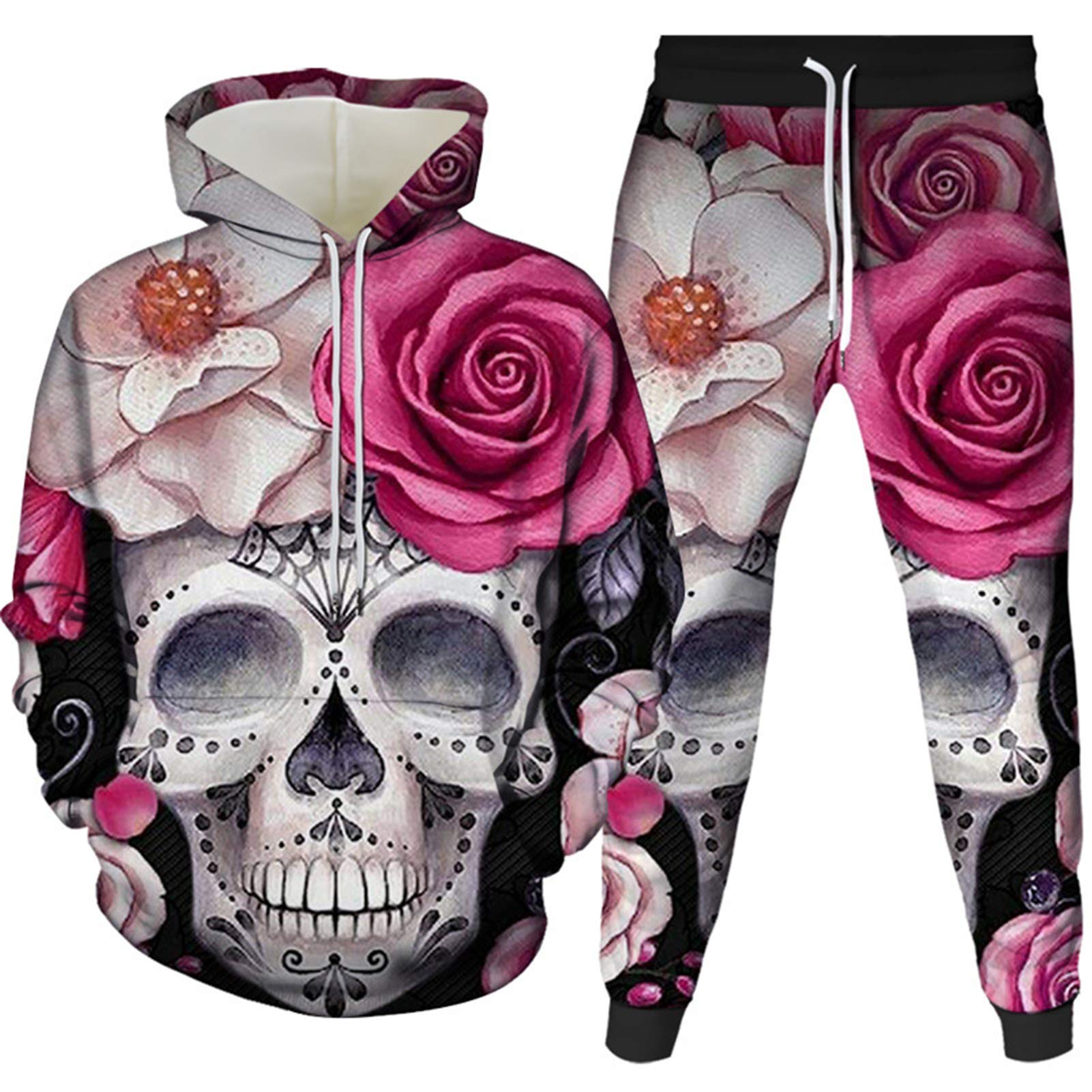 Honeystore Unisex Skeleton Printed Hoodie and Sweatpants Set - Skull Jogger Tracksuit for Men & Women | Gym, Streetwear, Halloween Costume