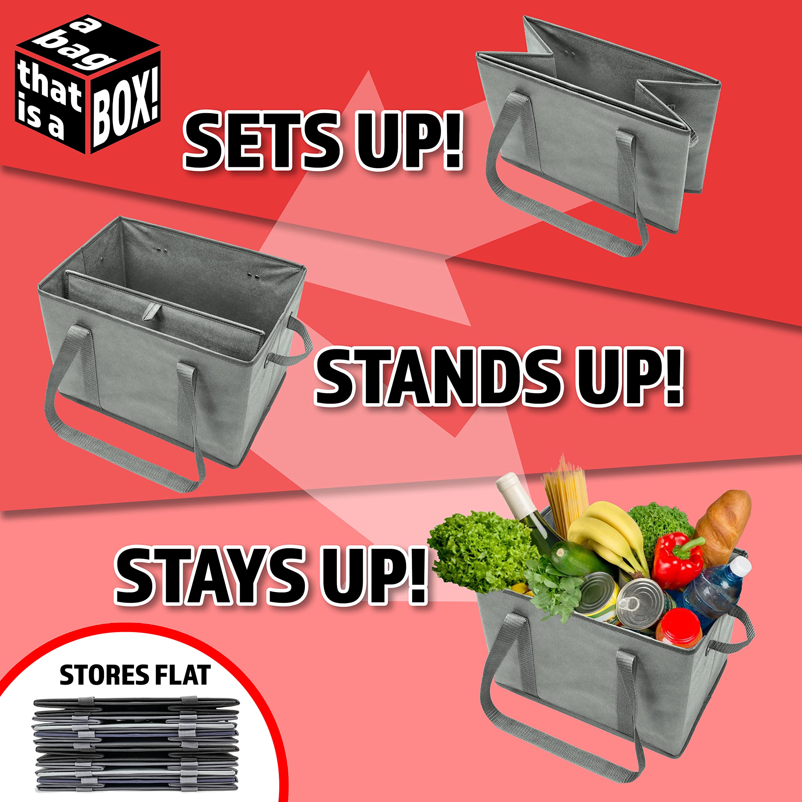 BAG-THAT! 4-Pack Heavy Duty Reusable Grocery Shopping Tote Bags with Reinforced Bottom - Foldable, Large Capacity & Durable Handles (Gray) - Perfect for Grocery Shopping, Farmers Market & Bulk Storage