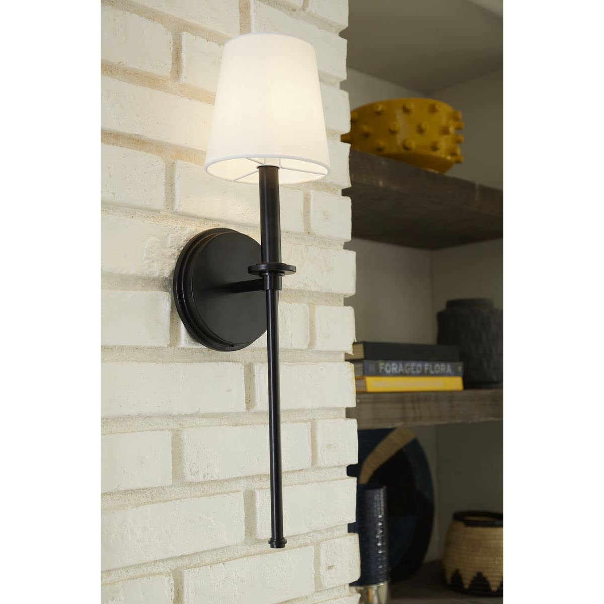 Progress Lighting Metro Collection 5.5 Inch 1-Light Matte Black Traditional Vanity Light with Linen Shade - Perfect for Bathroom, Powder Room, and Dressing Area Makeup Lighting