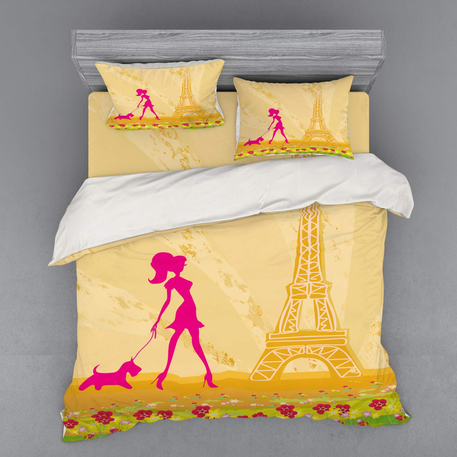 Ambesonne Pink Paris Themed Teen Bedding Set - King Size 4-Piece Duvet Cover with Shams & Fitted Sheet, Girl & Dog Silhouette with Eiffel Tower Design in Apricot & Hot Pink - Perfect for Teen Girls' Bedroom Decor & Paris-Inspired Room Makeover