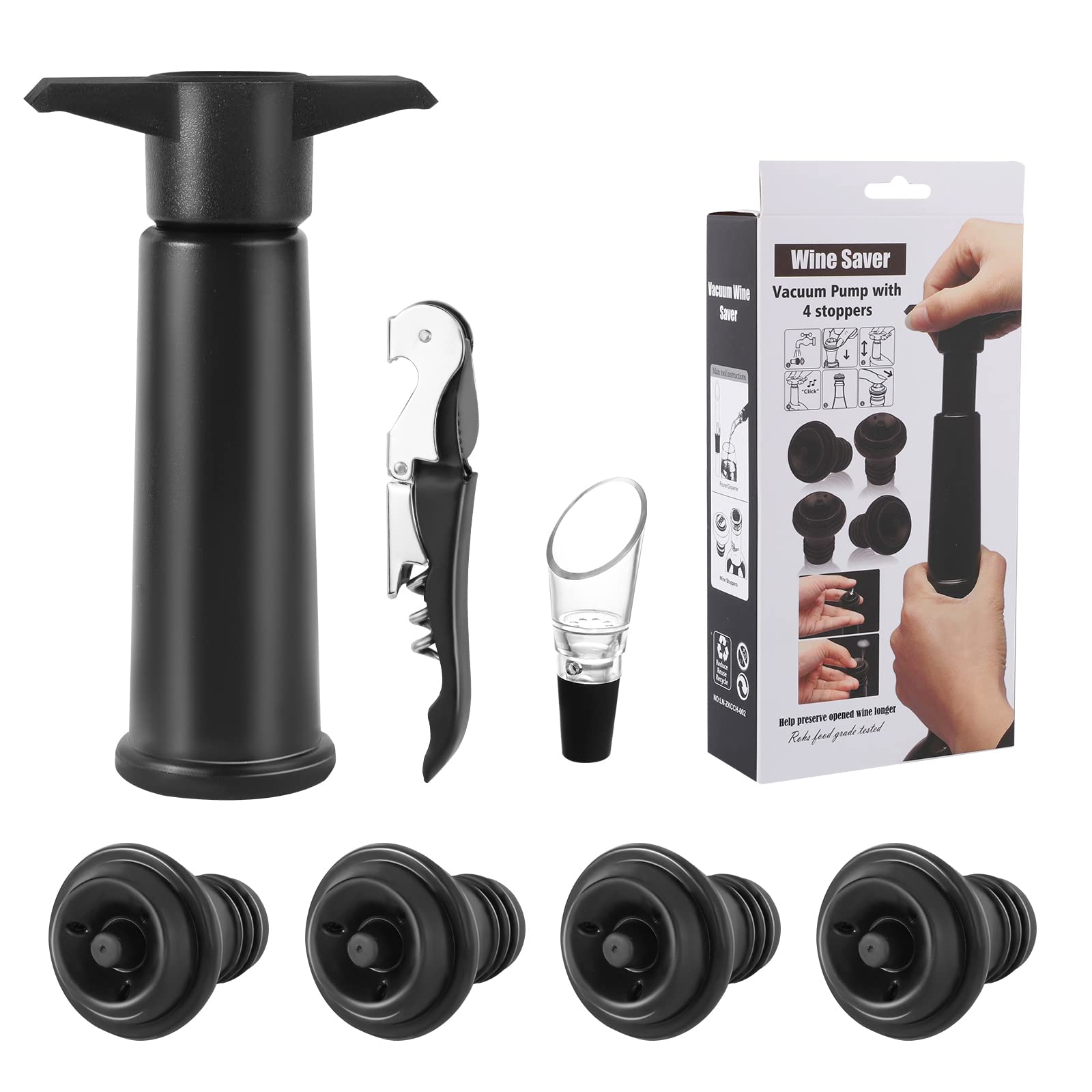 Premium Wine Saver Vacuum Pump Kit - 1 Vacuum Pump, 4 Wine Stoppers, 1 Wine Opener & 1 Wine Pourer - Perfect for Preserving Open Bottles & Home Wine Tasting Parties