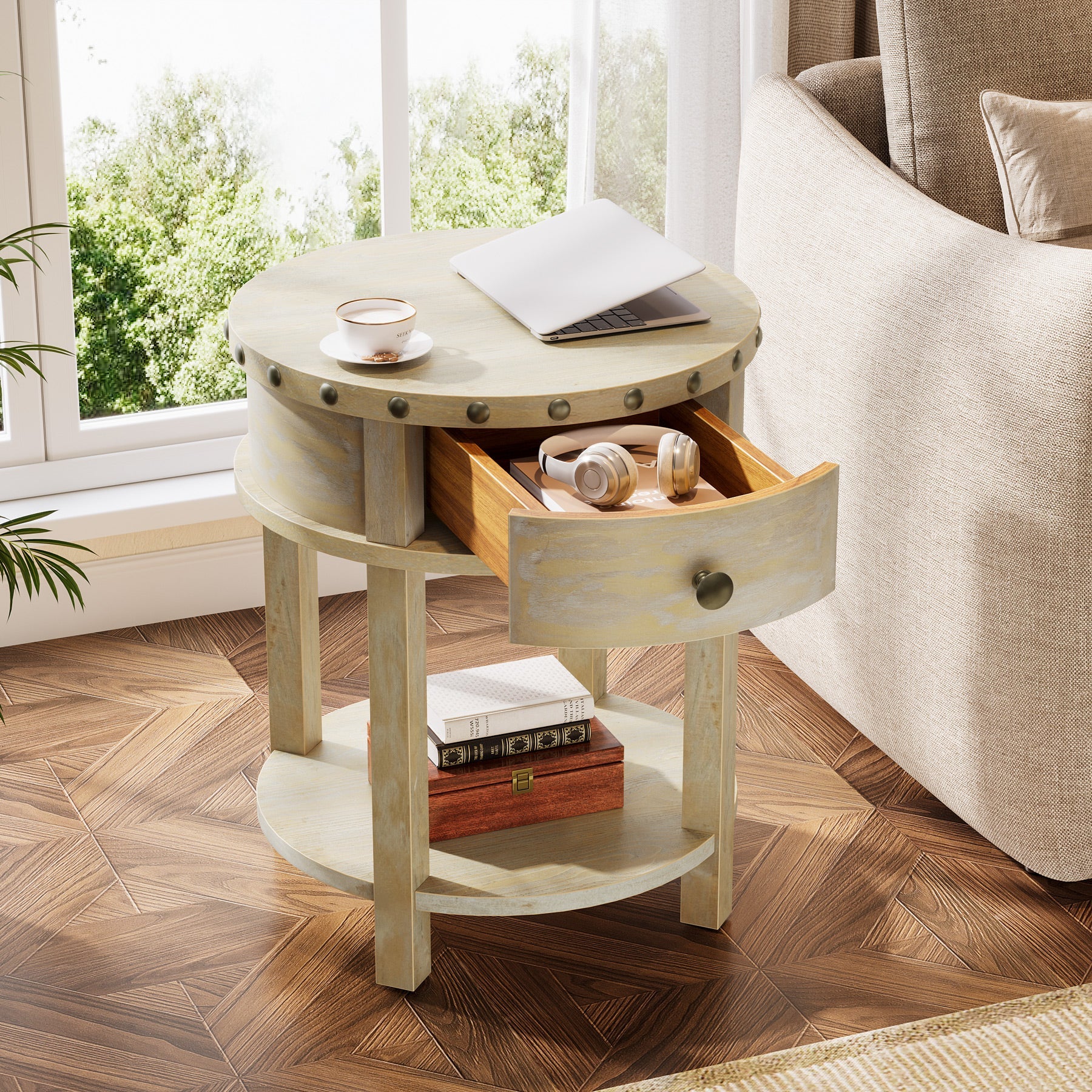 19.6 Inch Small End Table with Drawer & Bottom Shelf - Nightstand, Living Room Accent Table, Bedside Table for Bedroom Decor