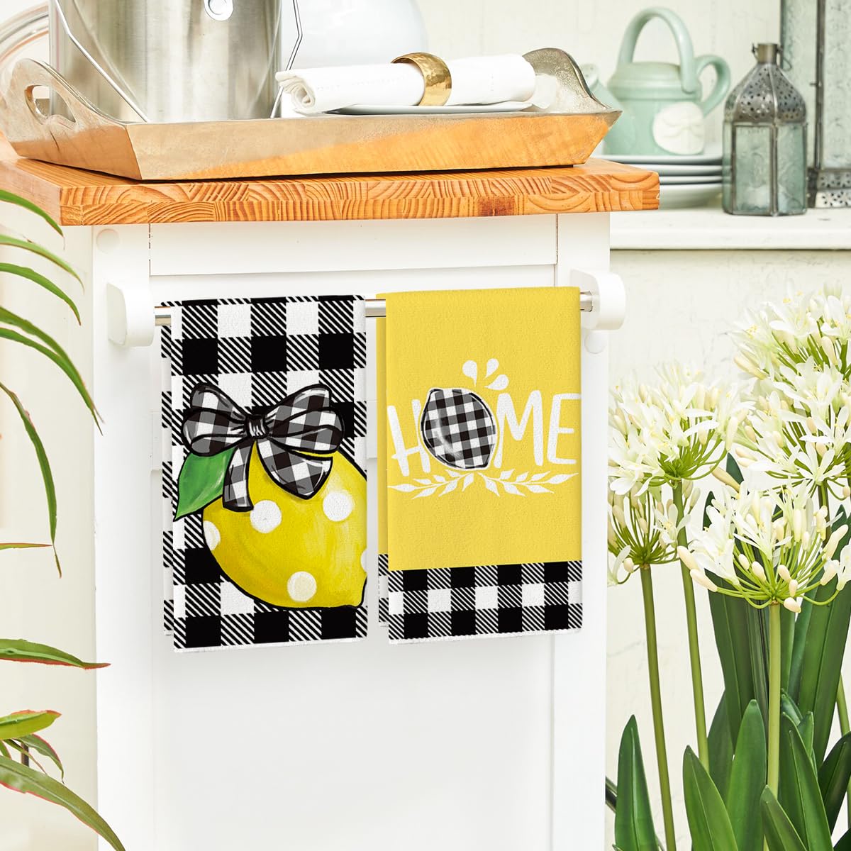 Artoid Mode Buffalo Plaid Bow Tie Lemon Print Kitchen Towels Set of 2 - 18x26 Inch Absorbent Dish Cloths for Summer & Spring Home Decor - Perfect for Farmhouse, Country Kitchen, and Seasonal Decoration