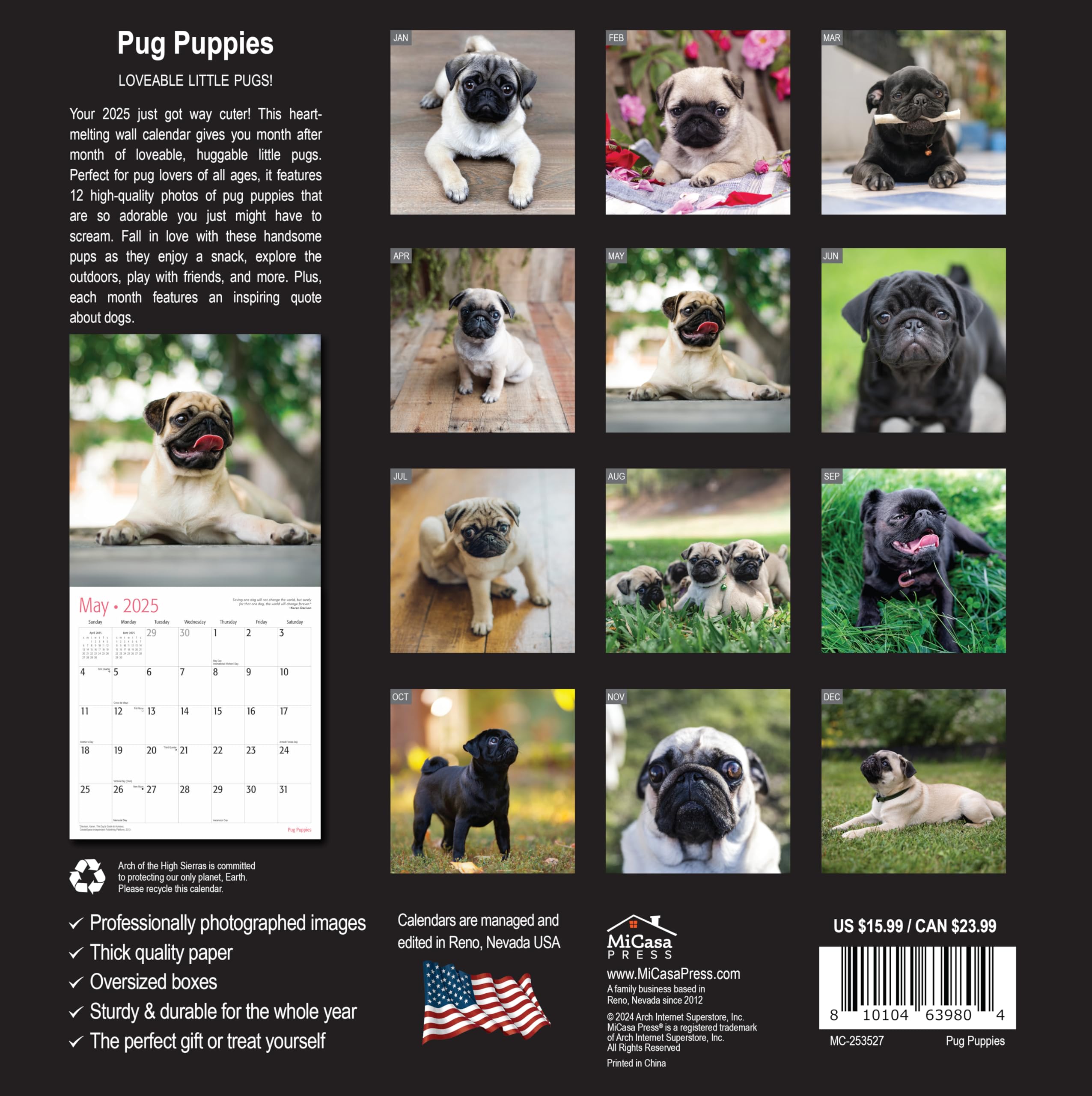 MICASA Pug Puppies 2025 Wall Calendar - 12 Month Large 12x24 Inch with Thick Sturdy Paper - Perfect Gift for Dog Lovers - Ideal for Home, Office, or Classroom Decor
