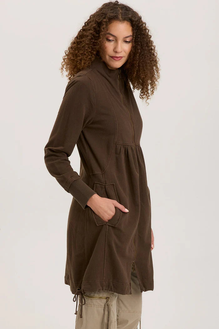Warm Fleece Funnel Neck Long Coat in Boxwood Pigment - Perfect for Winter Outdoor Activities and Casual Wear