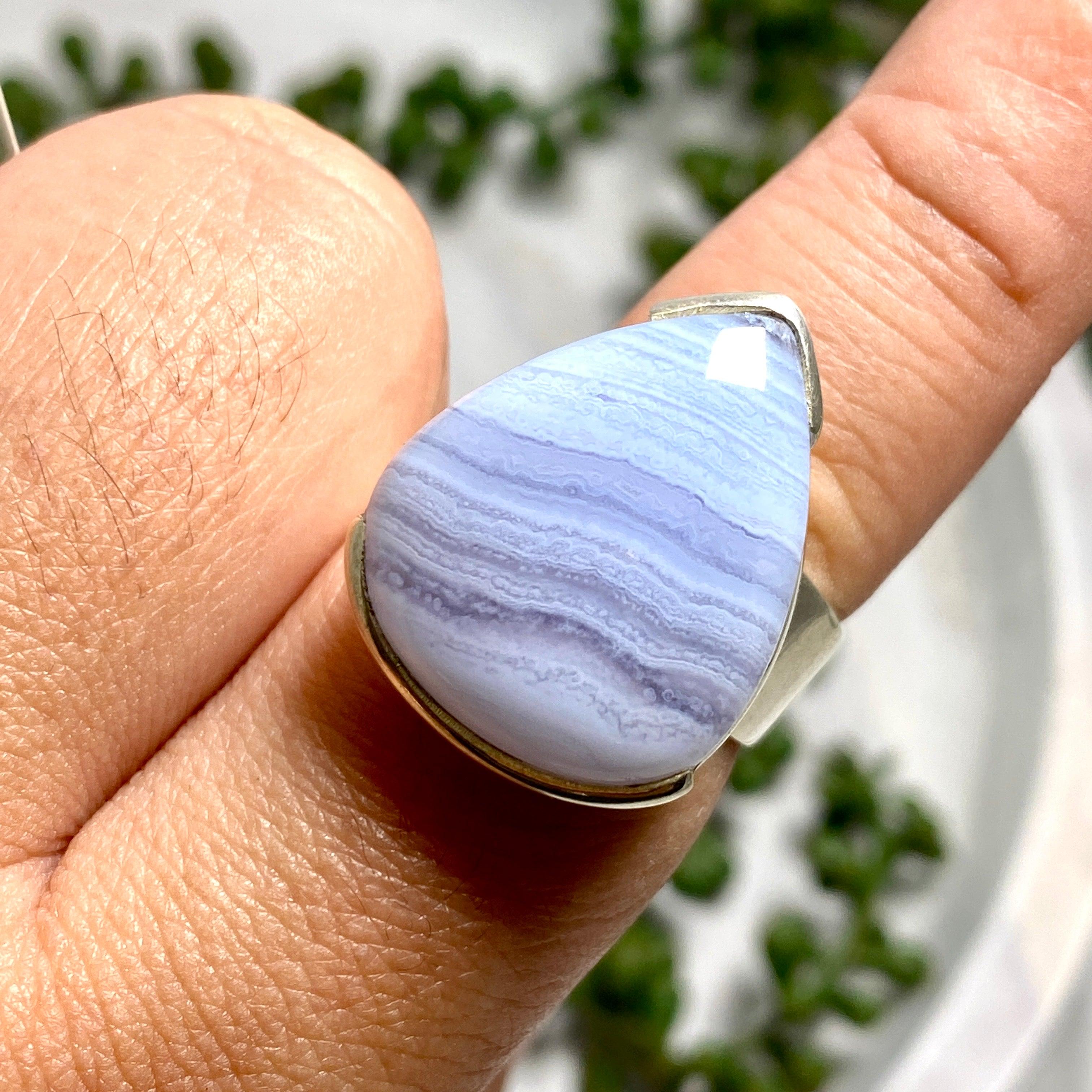 Blue Lace Agate Teardrop Cabochon Ring - Size 10 - KRGJ1898 - Elegant Handmade Jewelry for Women, Perfect for Weddings, Parties & Special Occasions