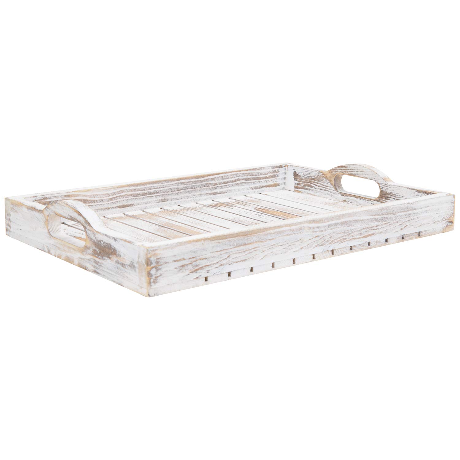 MyGift Shabby Chic Whitewashed Wood Breakfast Serving Tray with Cutout Handles - Rustic Slatted Design Coffee Table Tray, 16 x 11 Inches - Perfect for Breakfast in Bed, Living Room Decor & Ottoman Serving