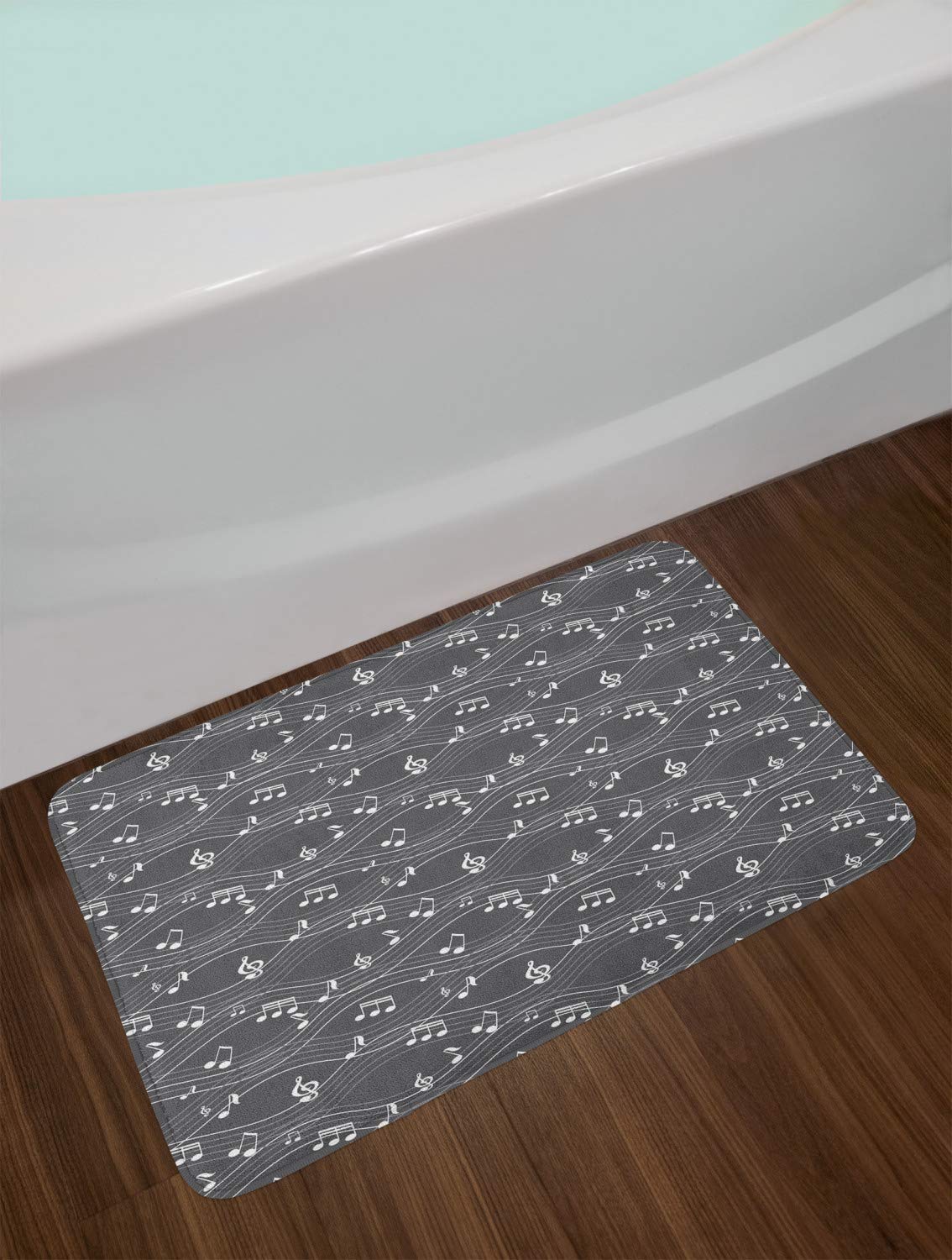 Ambesonne Non-Slip Music Bath Mat - Abstract Wavy Stripes with Treble Clef & Musical Notes, 30.2 x 20 Inches, Dimgray & White - Soft Plush Bathroom Rug for Modern Decor, Perfect for Musicians & Music Lovers
